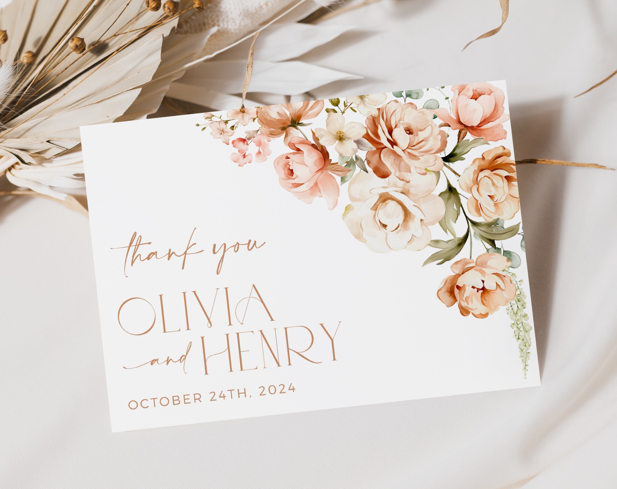 Peach and Cream Flowers Thank You Card, Wedding Stationery, Printable File, Edit Yourself, SH42