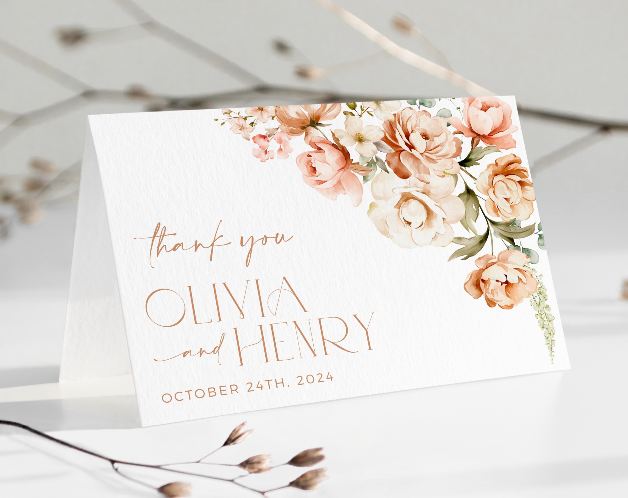 Peach and Cream Flowers Thank You Card, Wedding Stationery, Printable File, Edit Yourself, SH42