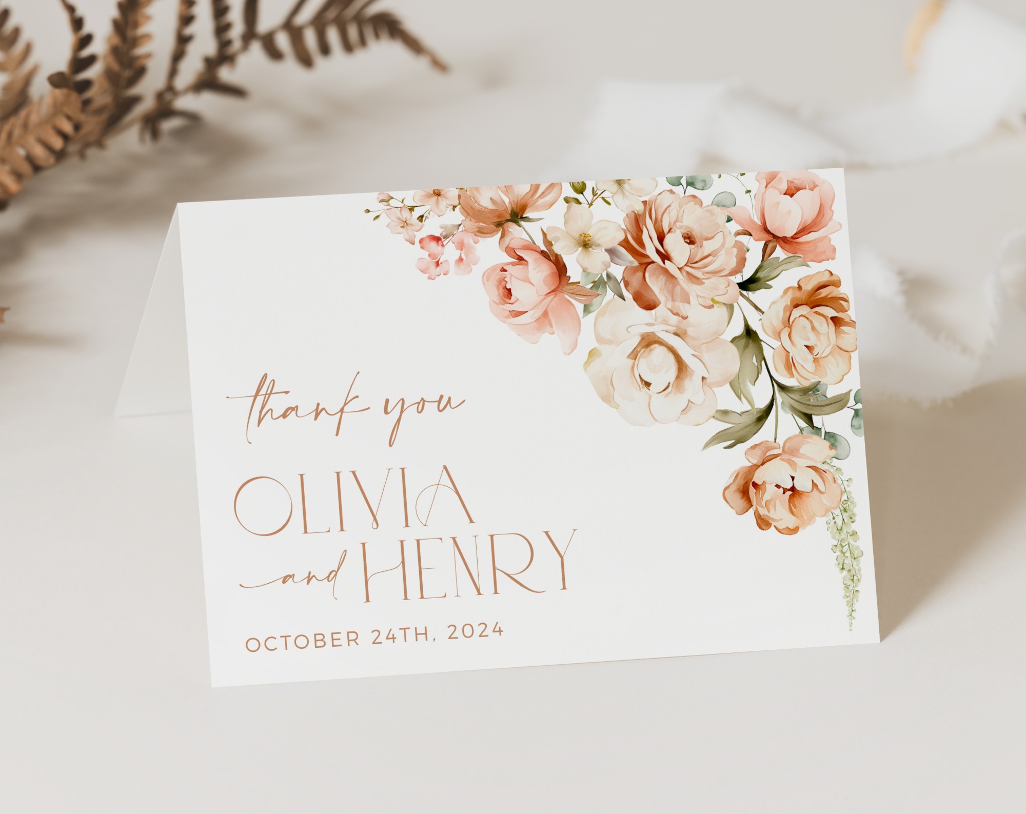 Peach and Cream Flowers Thank You Card, Wedding Stationery, Printable File, Edit Yourself, SH42