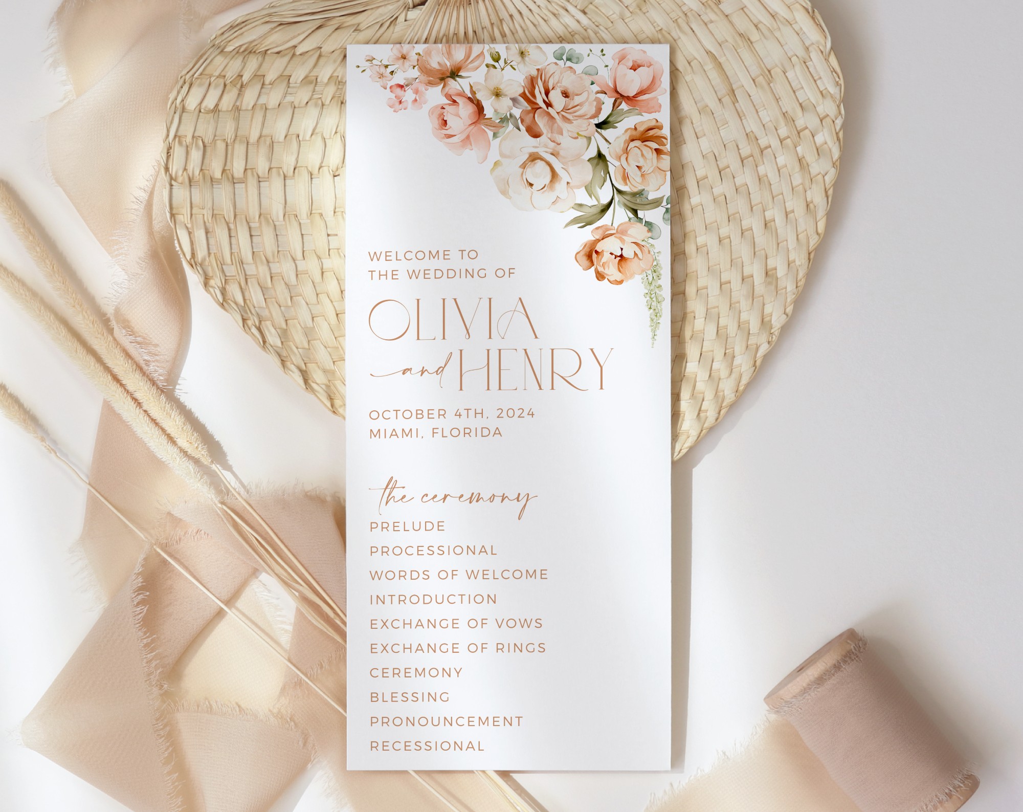 Peach and Cream Flowers Wedding Program, Wedding Stationery, Printable File, Edit Yourself, SH42