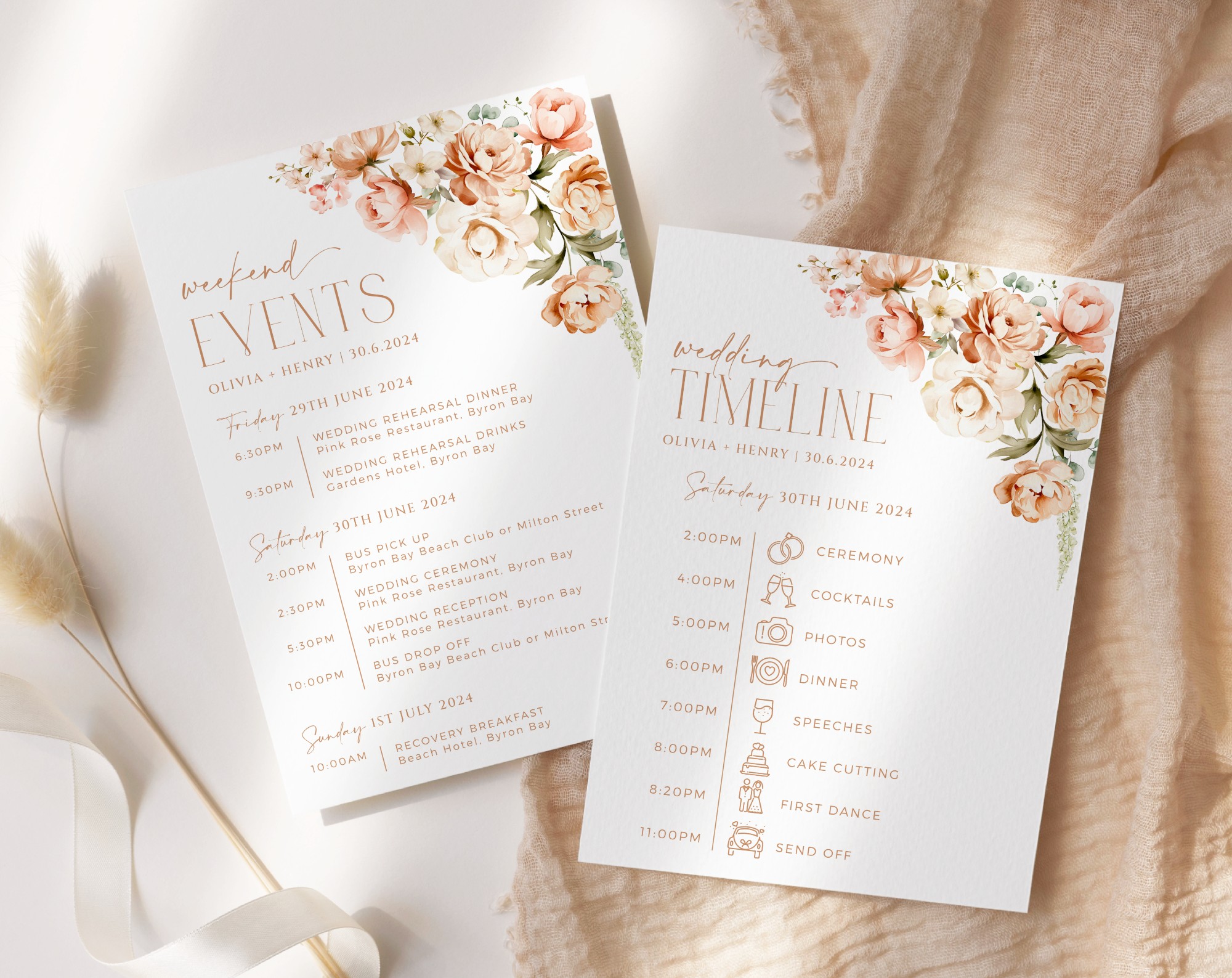 Peach and Cream Flowers Wedding Timeline, Wedding Stationery, Printable File, Edit Yourself, SH42