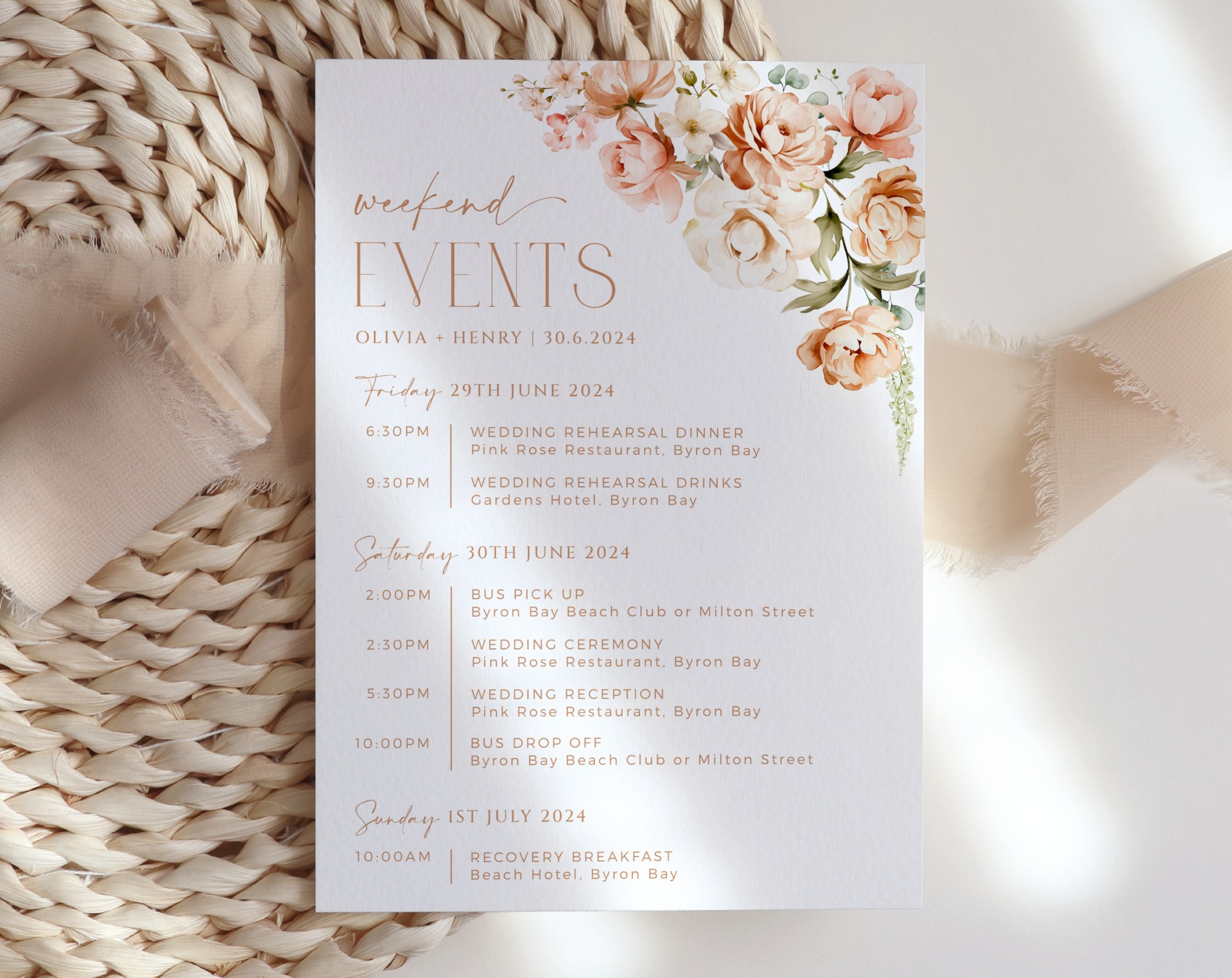 Peach and Cream Flowers Wedding Timeline, Wedding Stationery, Printable File, Edit Yourself, SH42