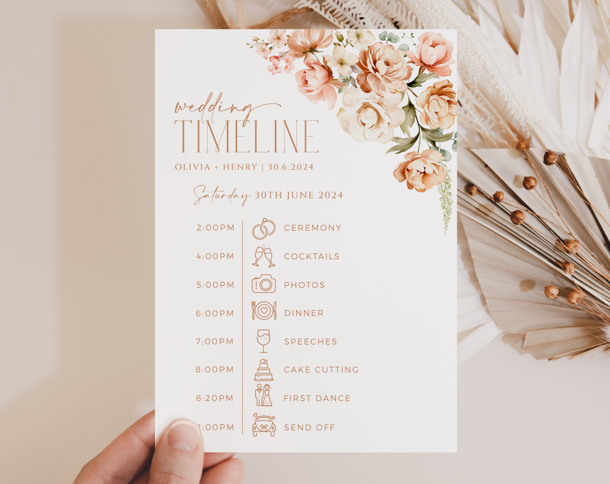 Peach and Cream Flowers Wedding Timeline, Wedding Stationery, Printable File, Edit Yourself, SH42