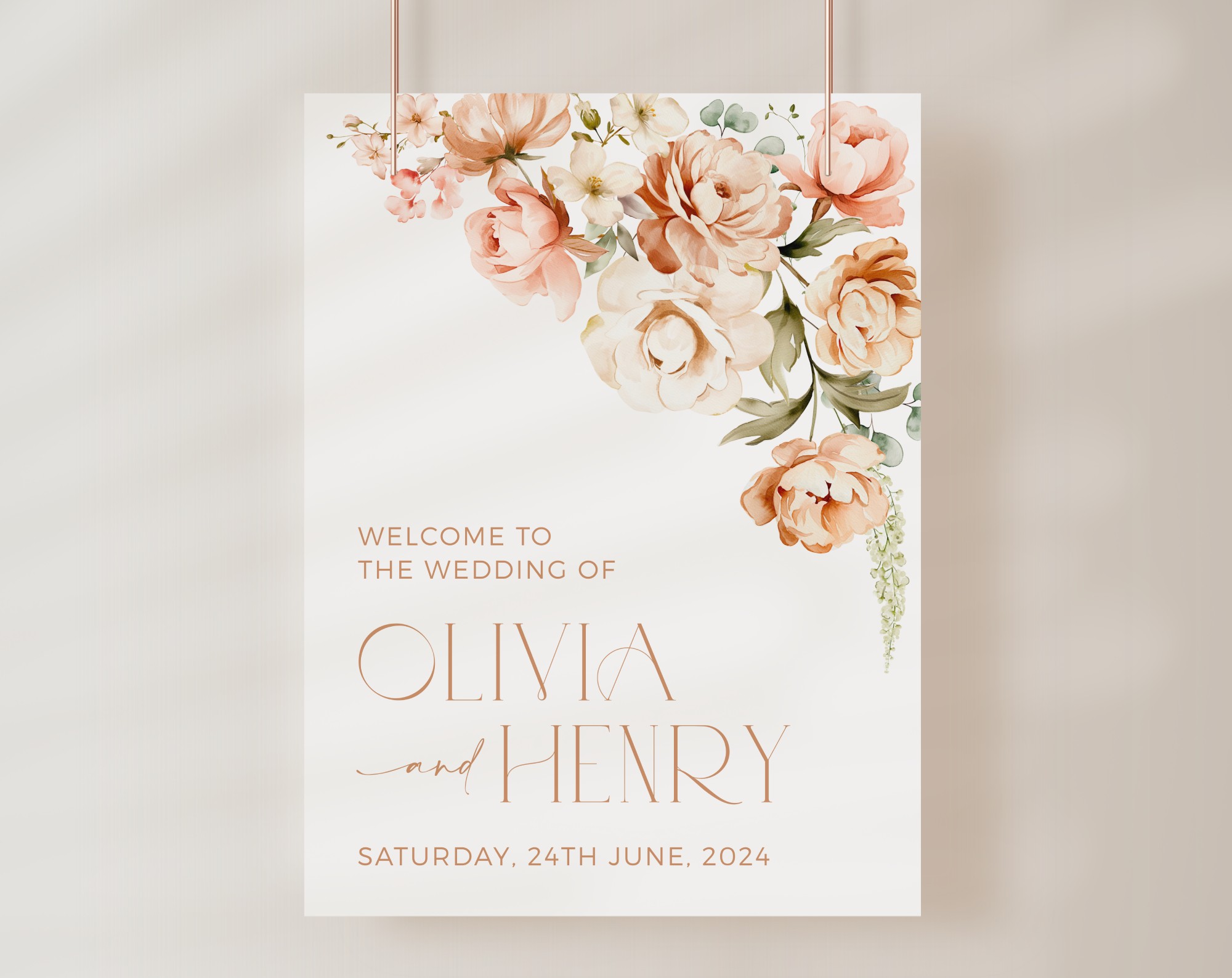 Peach and Cream Flowers Welcome Sign, Wedding Sign, Printable File, Edit Yourself, SH42
