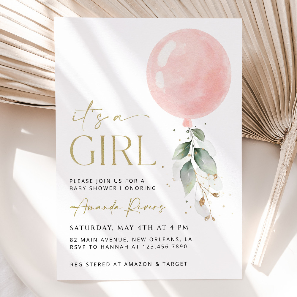 Pink Balloon Baby Shower Invitation, Girl Baby Shower, Printable File, Edit Yourself, SH14