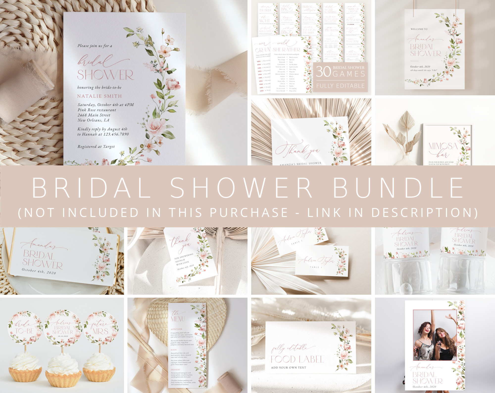 Pink Flowers Bridal Shower Bundle, Printable File, Edit Yourself, SH43