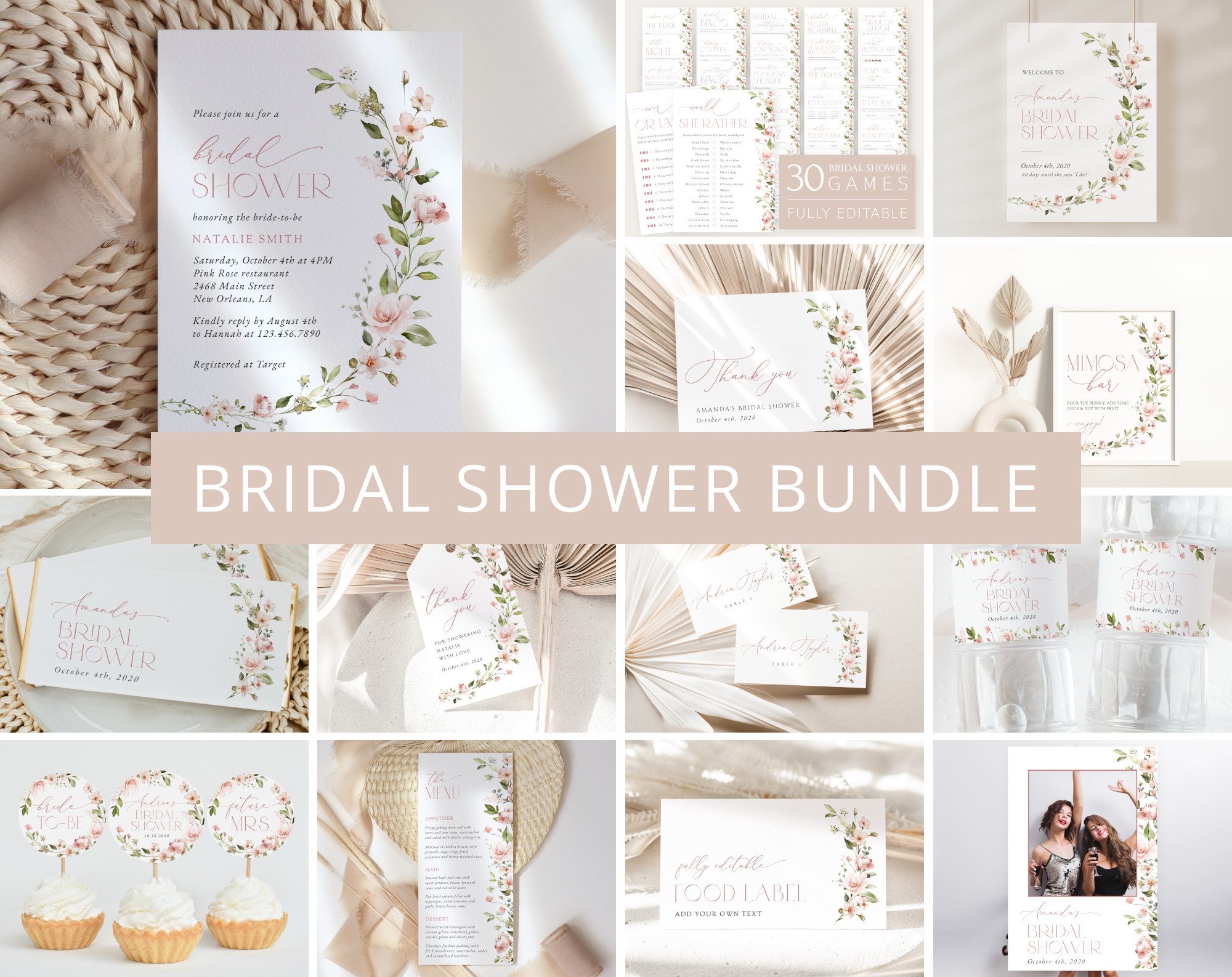 Pink Flowers Bridal Shower Bundle, Printable File, Edit Yourself, SH43