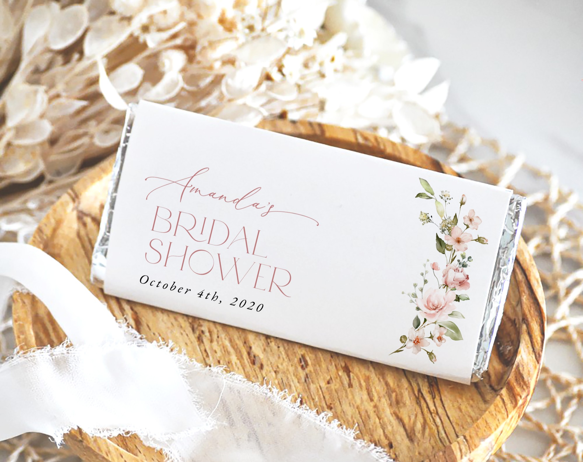 Pink Flowers Chocolate Bar Wrapper, Candy Bar Wrapper, Bridal Shower, Printable File, Edit Yourself, SH43