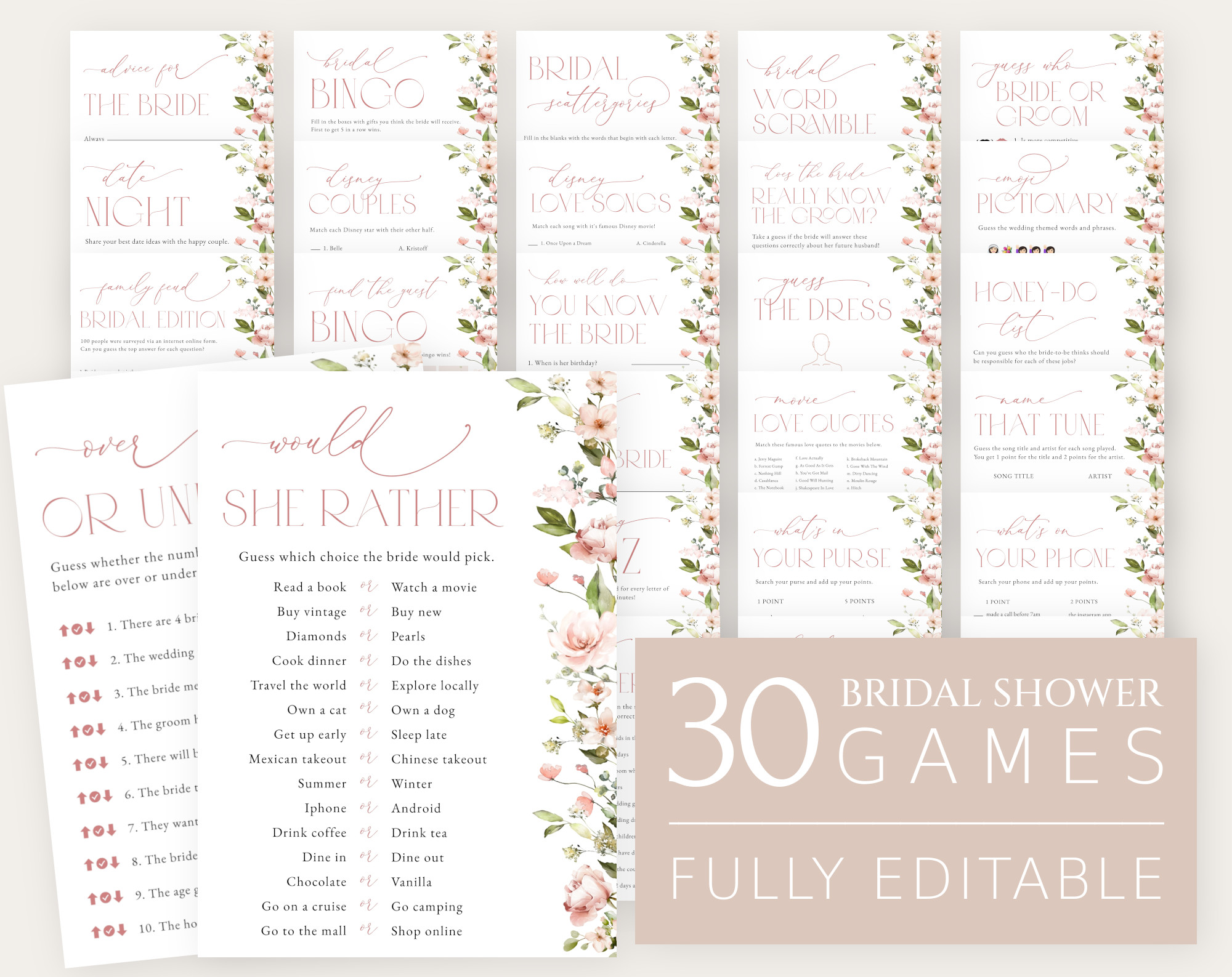 Pink Flowers Bridal Shower Games Bundle - Set of 30 Games