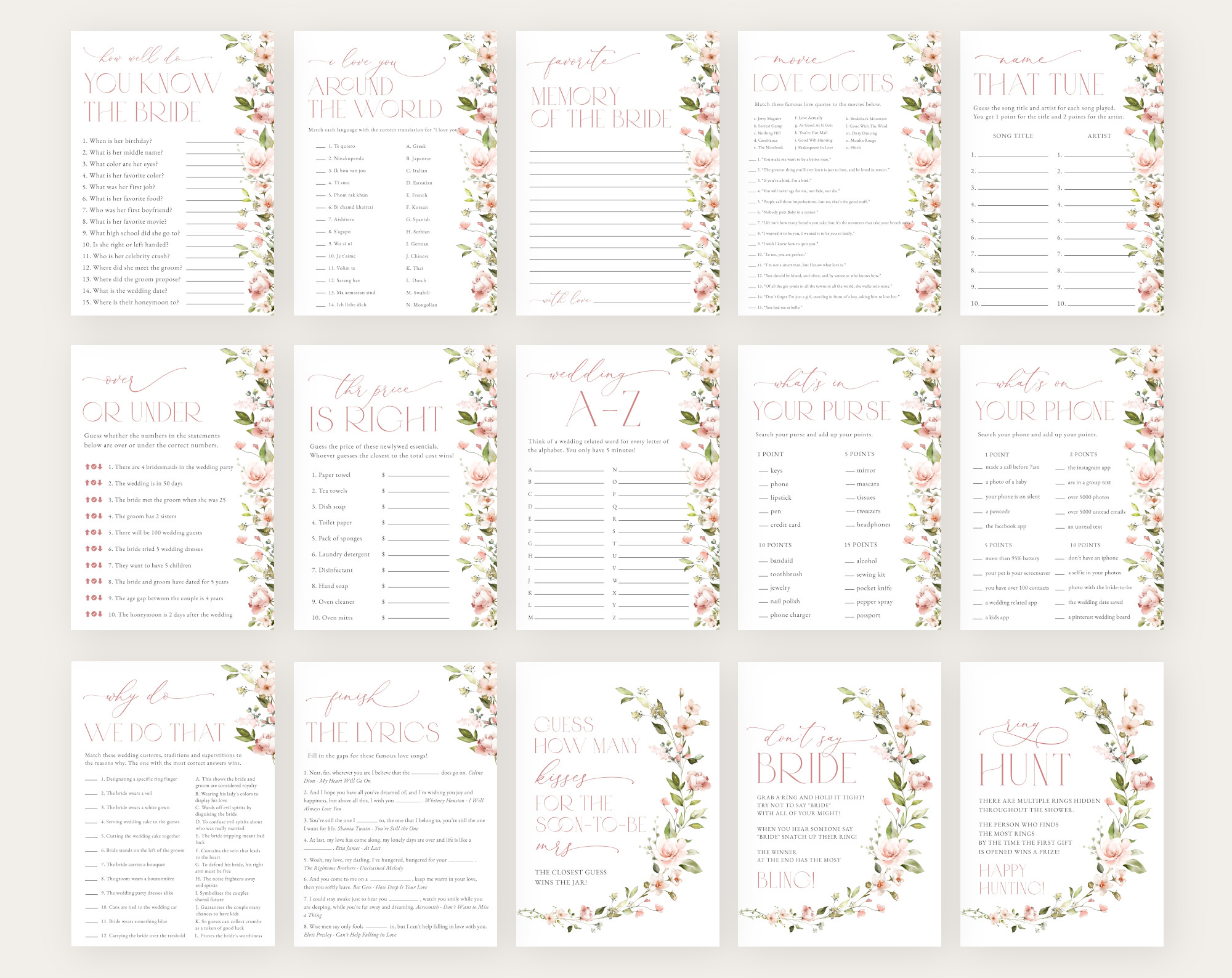 Pink Flowers Bridal Shower Games Bundle - Set of 30 Games