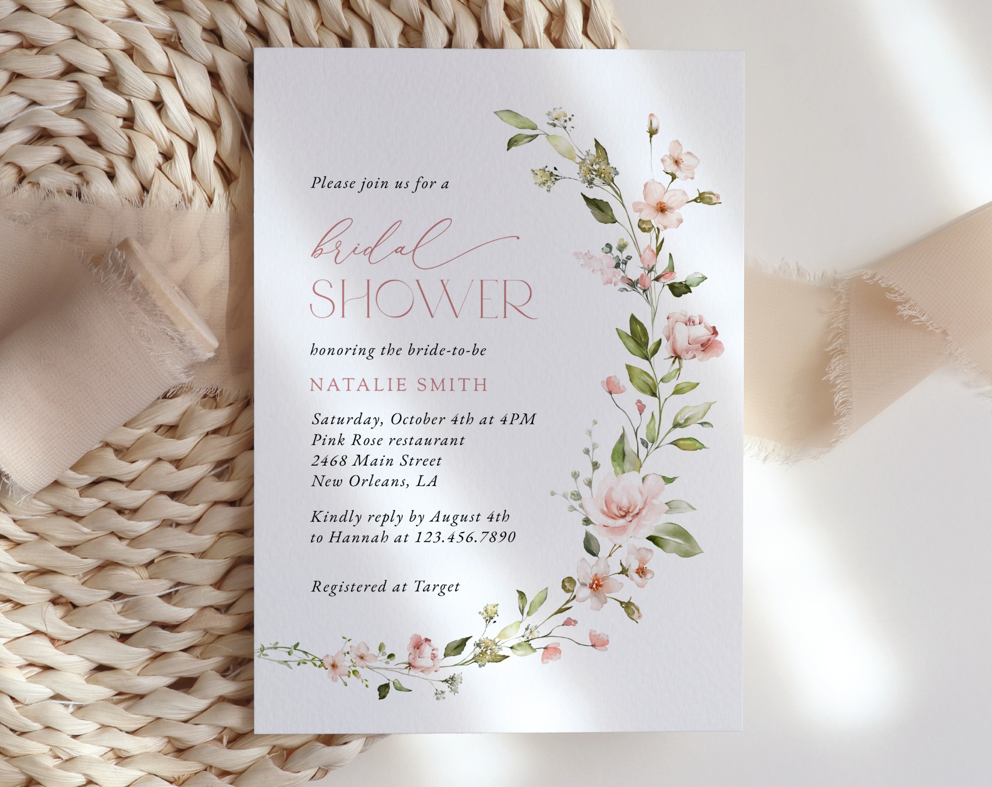 Pink Flowers Bridal Shower Invitation, Bridal Stationery, Printable File, Edit Yourself, SH43