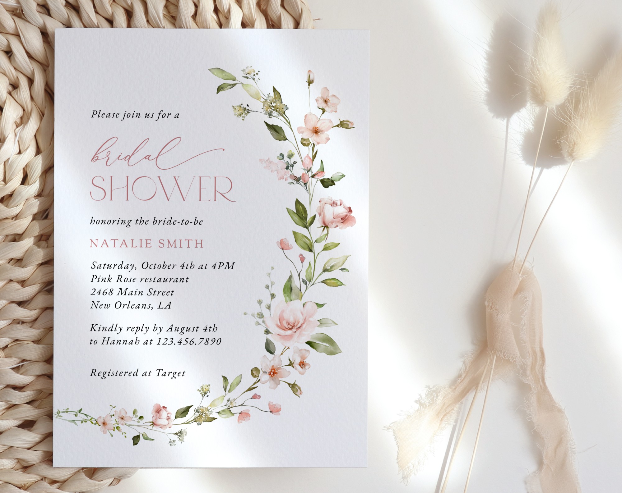 Pink Flowers Bridal Shower Invitation, Bridal Stationery, Printable File, Edit Yourself, SH43