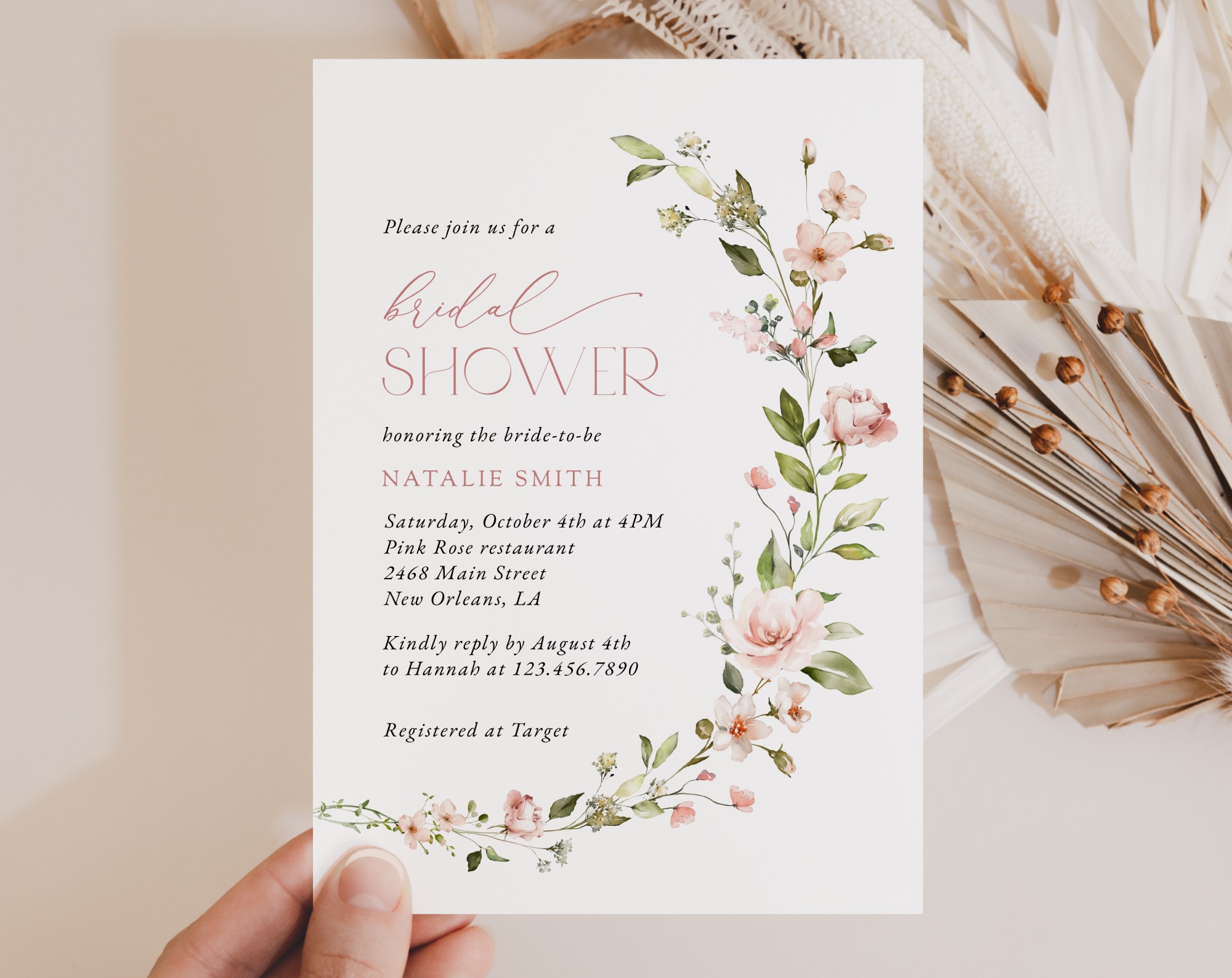 Pink Flowers Bridal Shower Invitation, Bridal Stationery, Printable File, Edit Yourself, SH43
