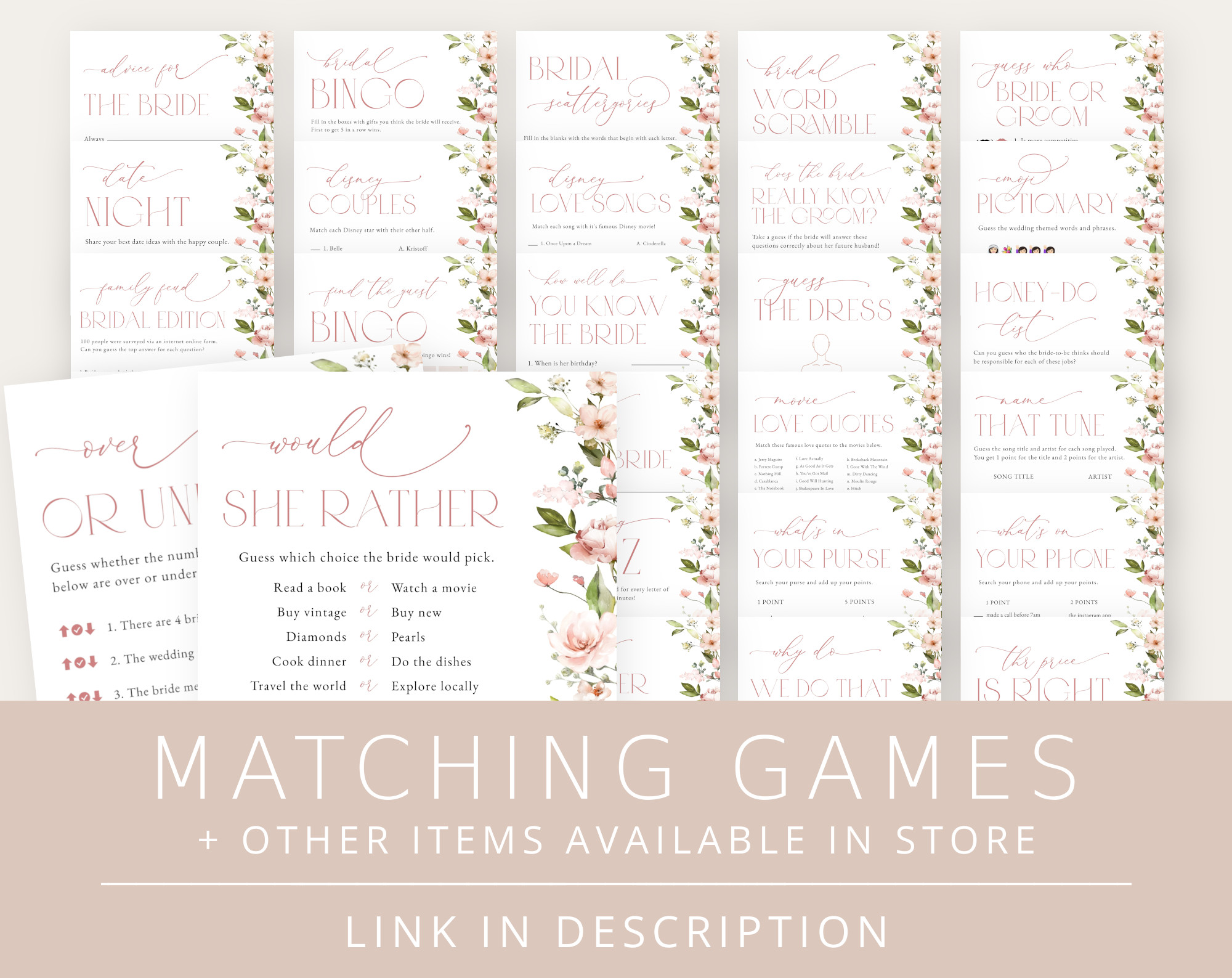 Pink Flowers Bridal Shower Games Bundle, Set of 30 Games, Printable File, Edit Yourself, SH43