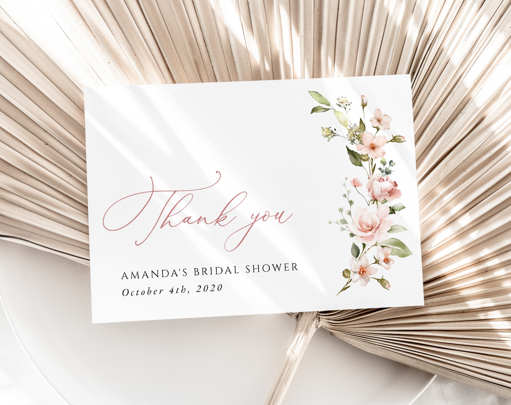 Pink Flowers Thank You Card, Bridal Shower Stationery, Printable File, Edit Yourself, SH43