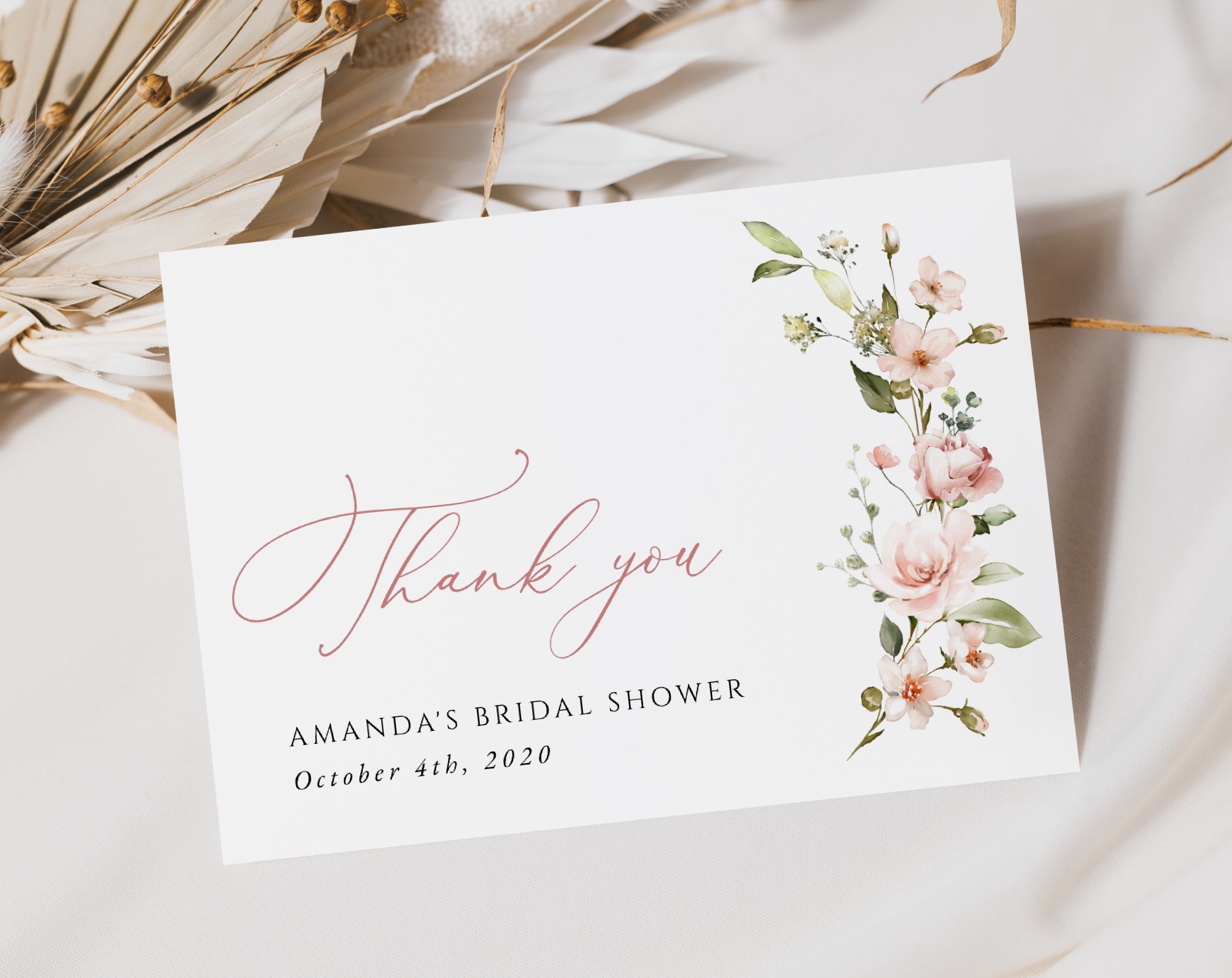 Pink Flowers Thank You Card, Bridal Shower Stationery, Printable File, Edit Yourself, SH43