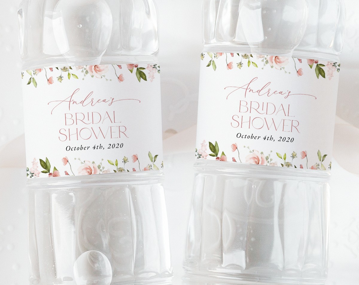 Pink Flowers Water Bottle Labels, Bridal Shower Decoration, Printable File, Edit Yourself, SH43