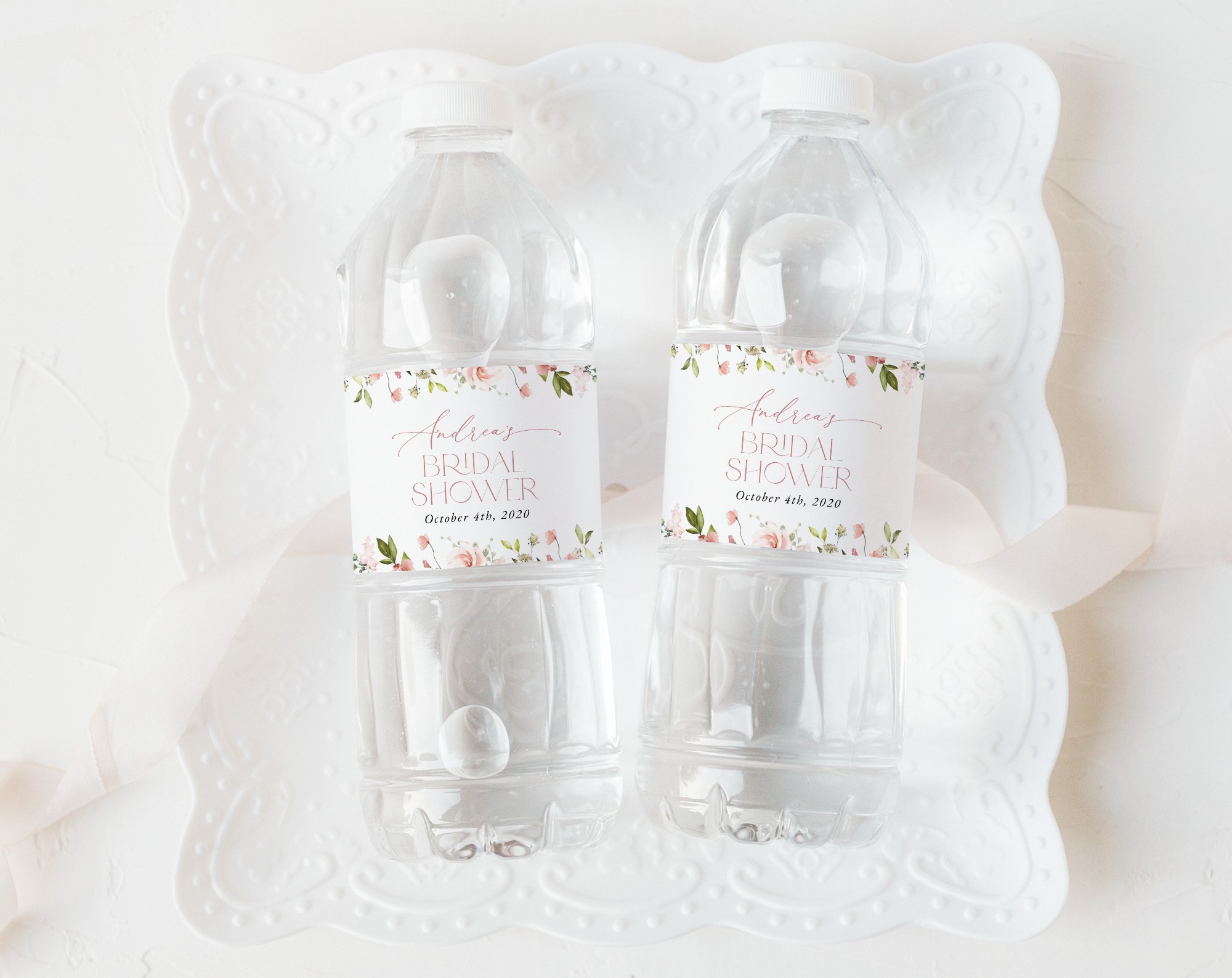 Pink Flowers Water Bottle Labels, Bridal Shower Decoration, Printable File, Edit Yourself, SH43