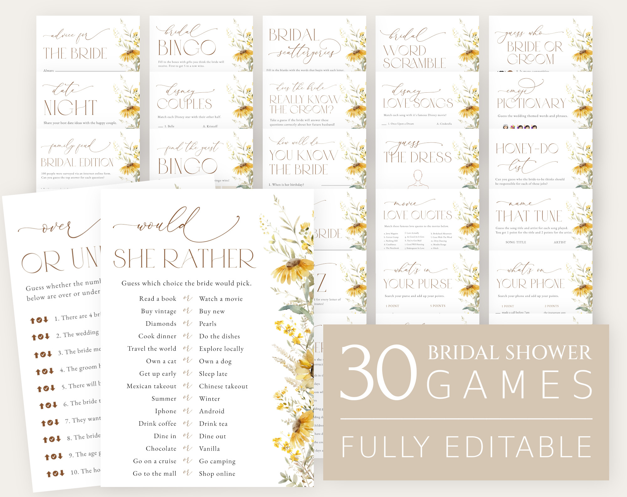 Sunflowers Bridal Shower Games Bundle, Set of 30 Games, Printable File, Edit Yourself, SH44 Sunflowers Bridal Shower Games Bundle, Set of 30 Games, Printable File, Edit Yourself, SH44