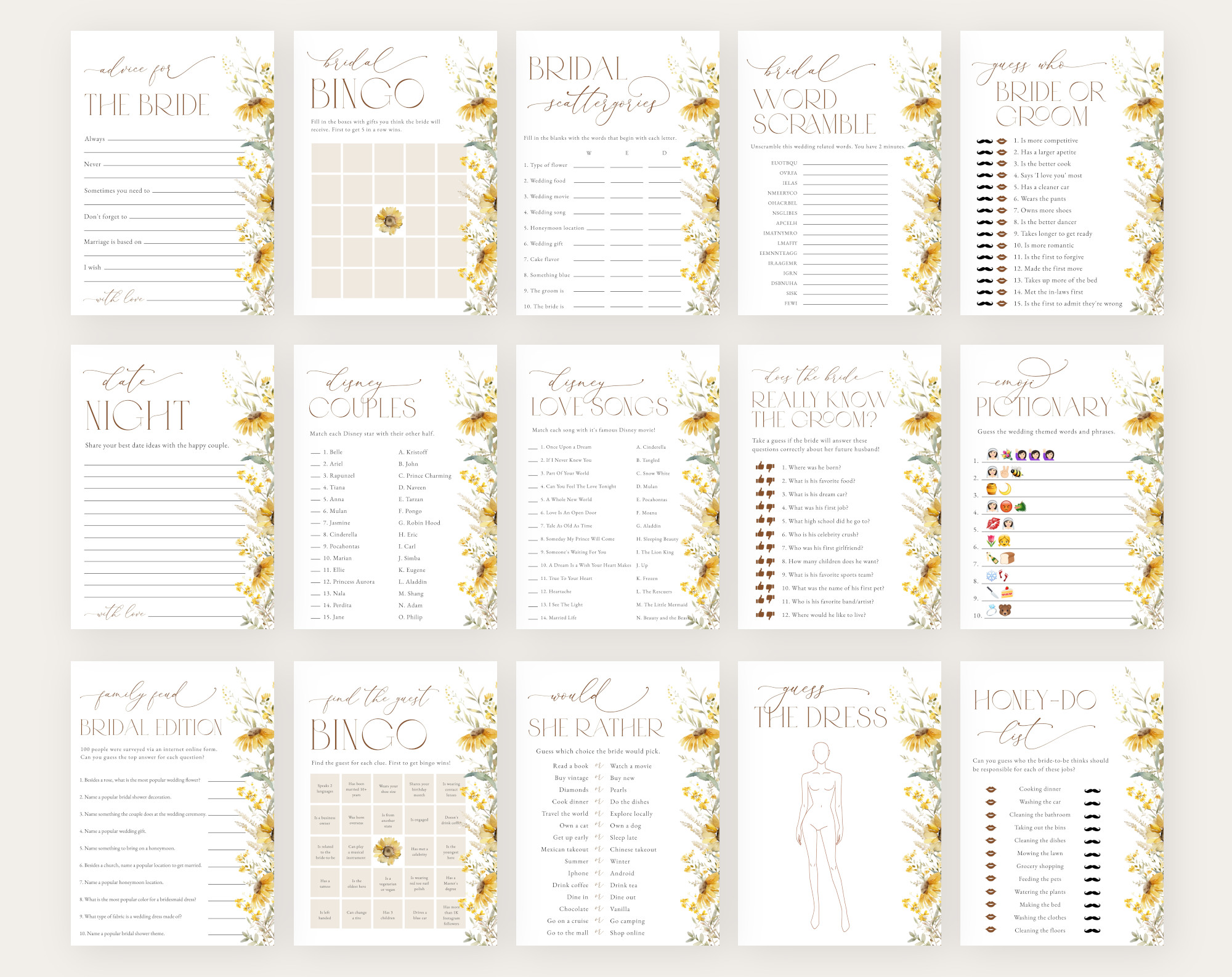Sunflowers Bridal Shower Games Bundle, Set of 30 Games, Printable File, Edit Yourself, SH44