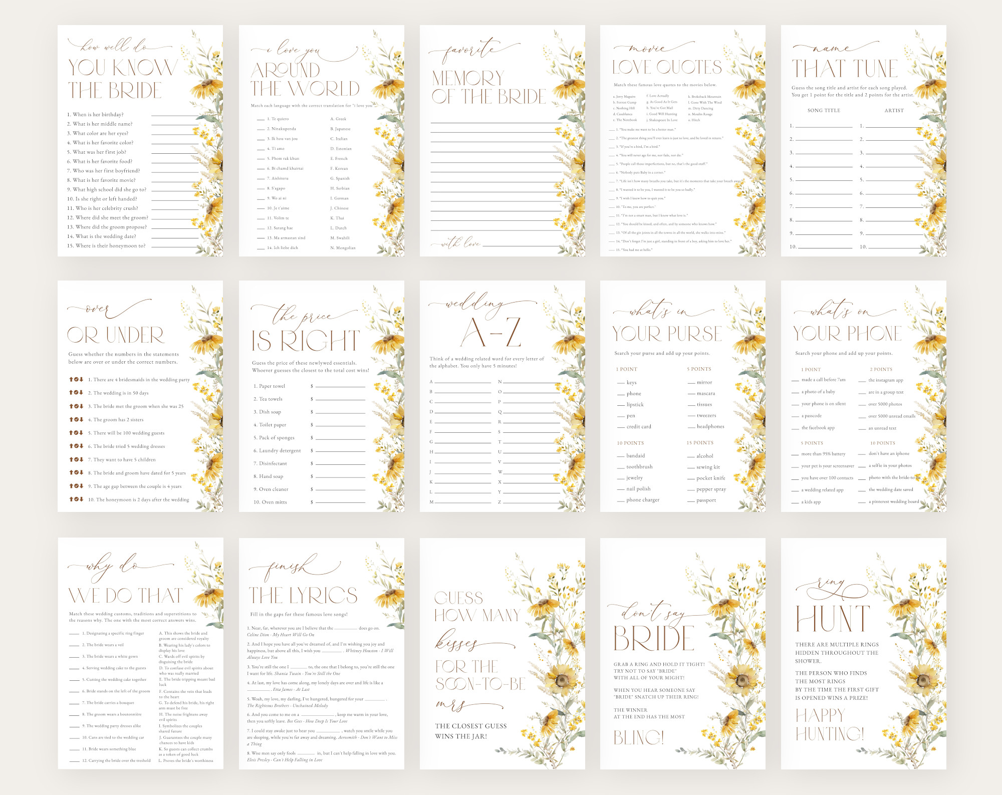 Sunflowers Bridal Shower Games Bundle, Set of 30 Games, Printable File, Edit Yourself, SH44