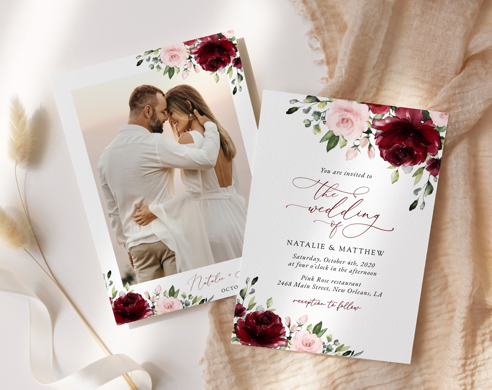 Blush and Burgundy Watercolor Floral Wedding Invitation Suite - Flowers - Calligraphy - Script - Pink - Marsala popular - Estelle Suite