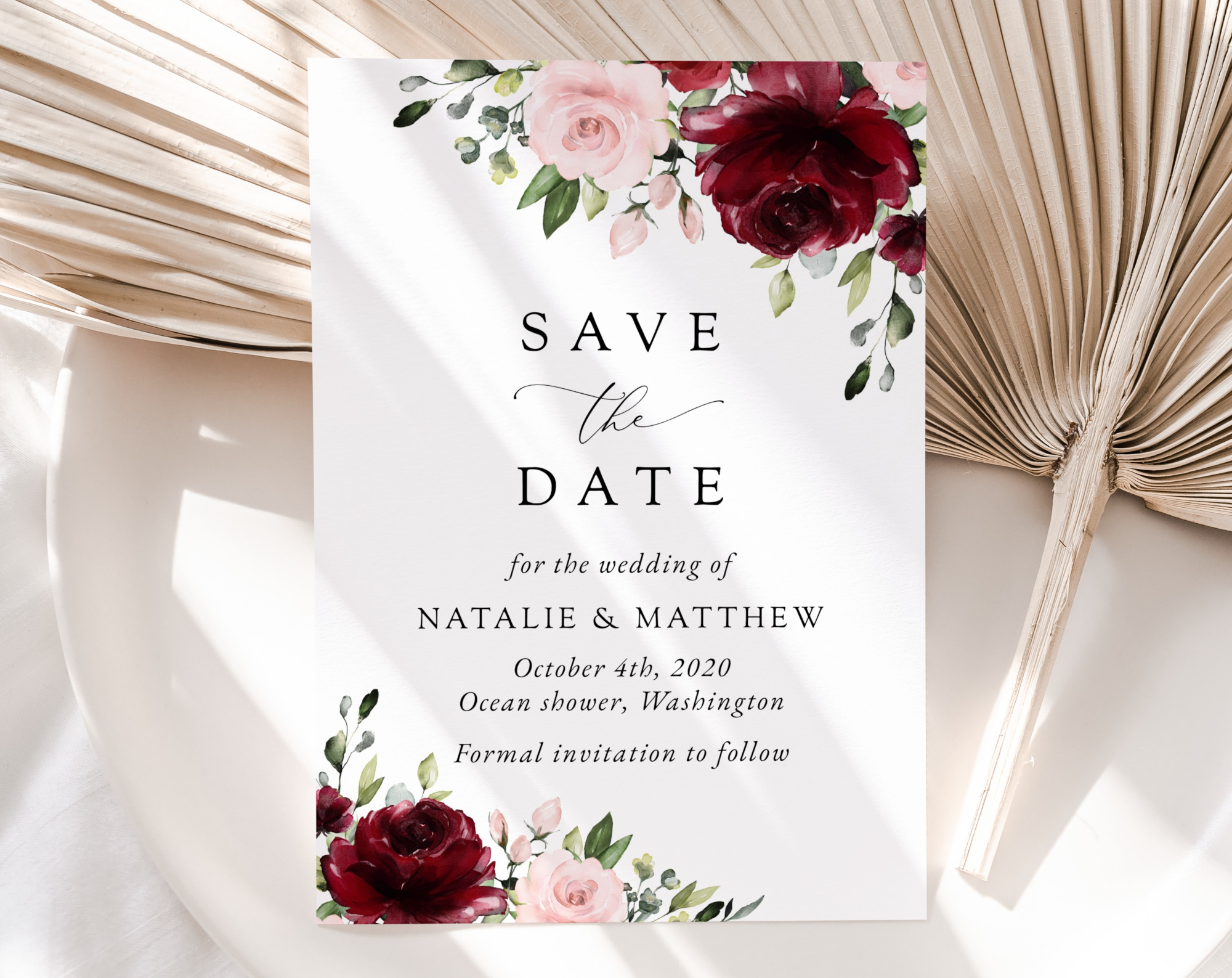 Burgundy and Blush Flowers Save the Date, Wedding Stationery, Printable File, Edit Yourself, SH01