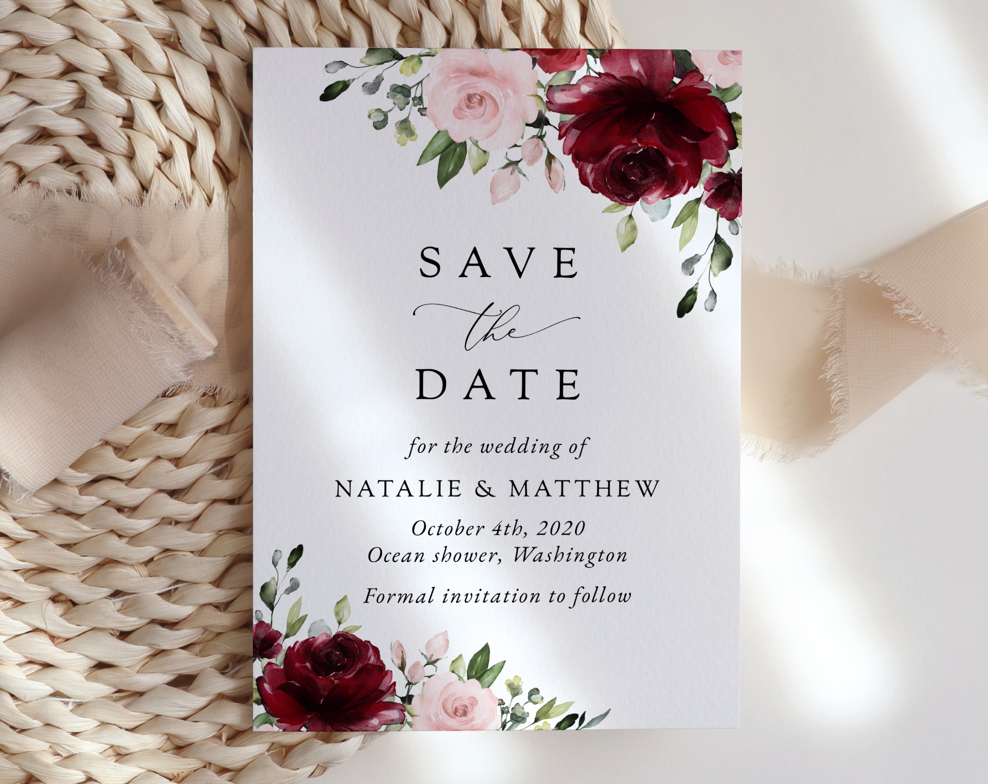 Burgundy and Blush Flowers Save the Date, Wedding Stationery, Printable File, Edit Yourself, SH01