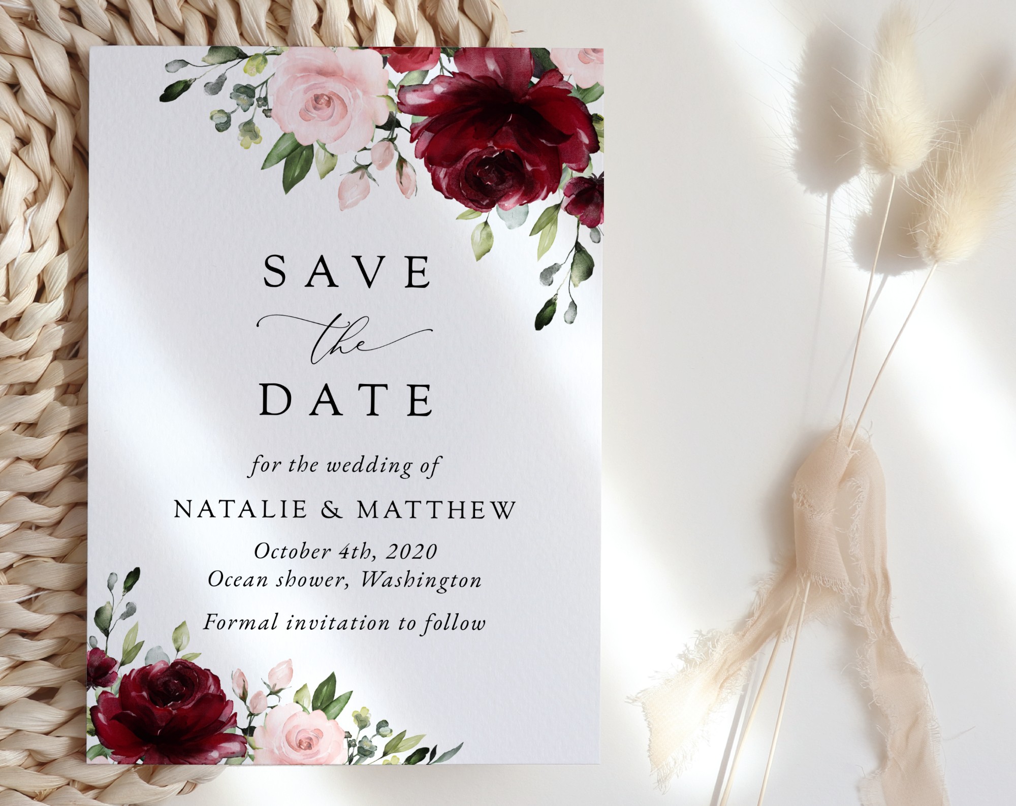 Burgundy and Blush Flowers Save the Date, Wedding Stationery, Printable File, Edit Yourself, SH01 Burgundy and Blush Flowers Save the Date, Wedding Stationery, Printable File, Edit Yourself, SH01