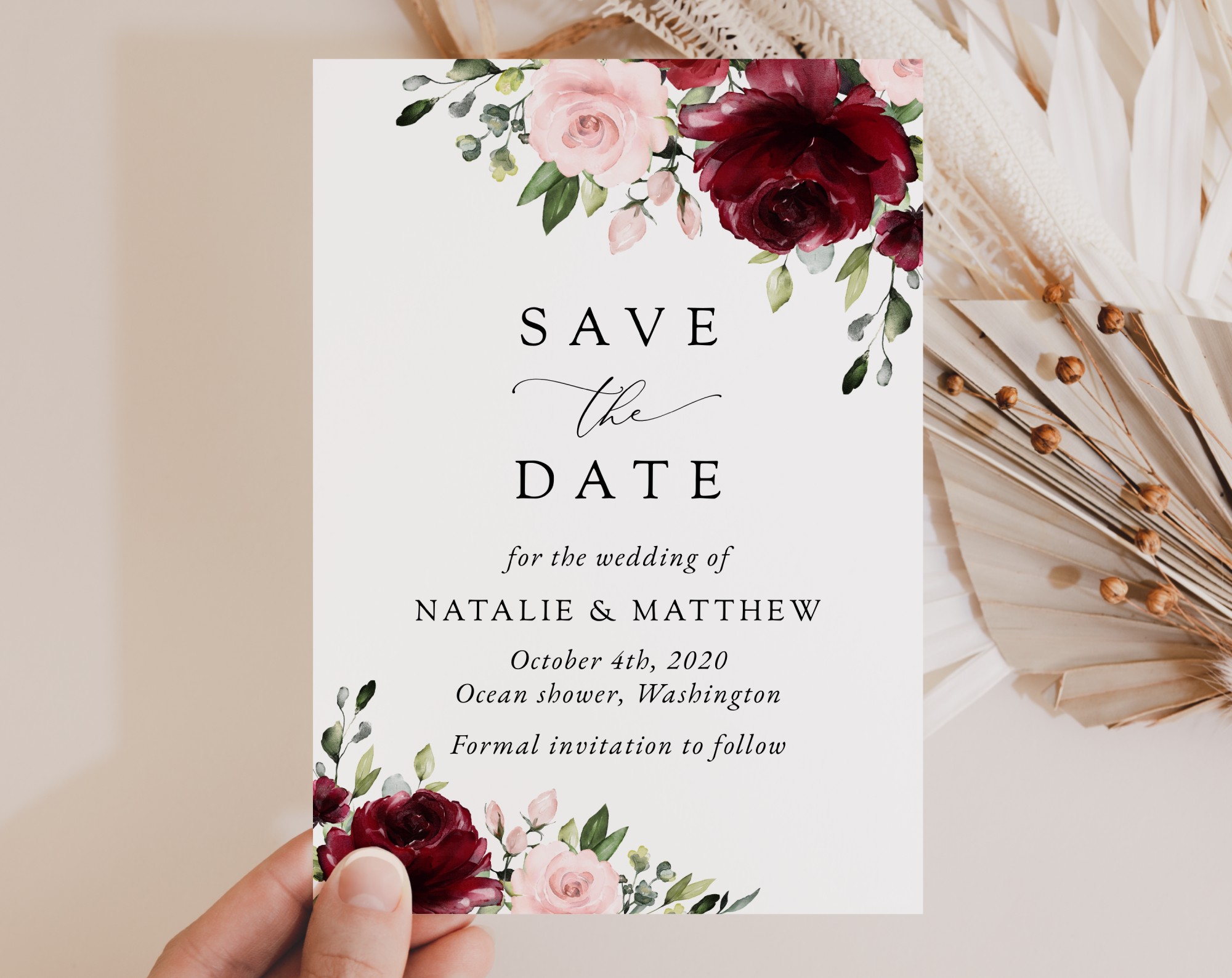 Burgundy and Blush Flowers Save the Date, Wedding Stationery, Printable File, Edit Yourself, SH01