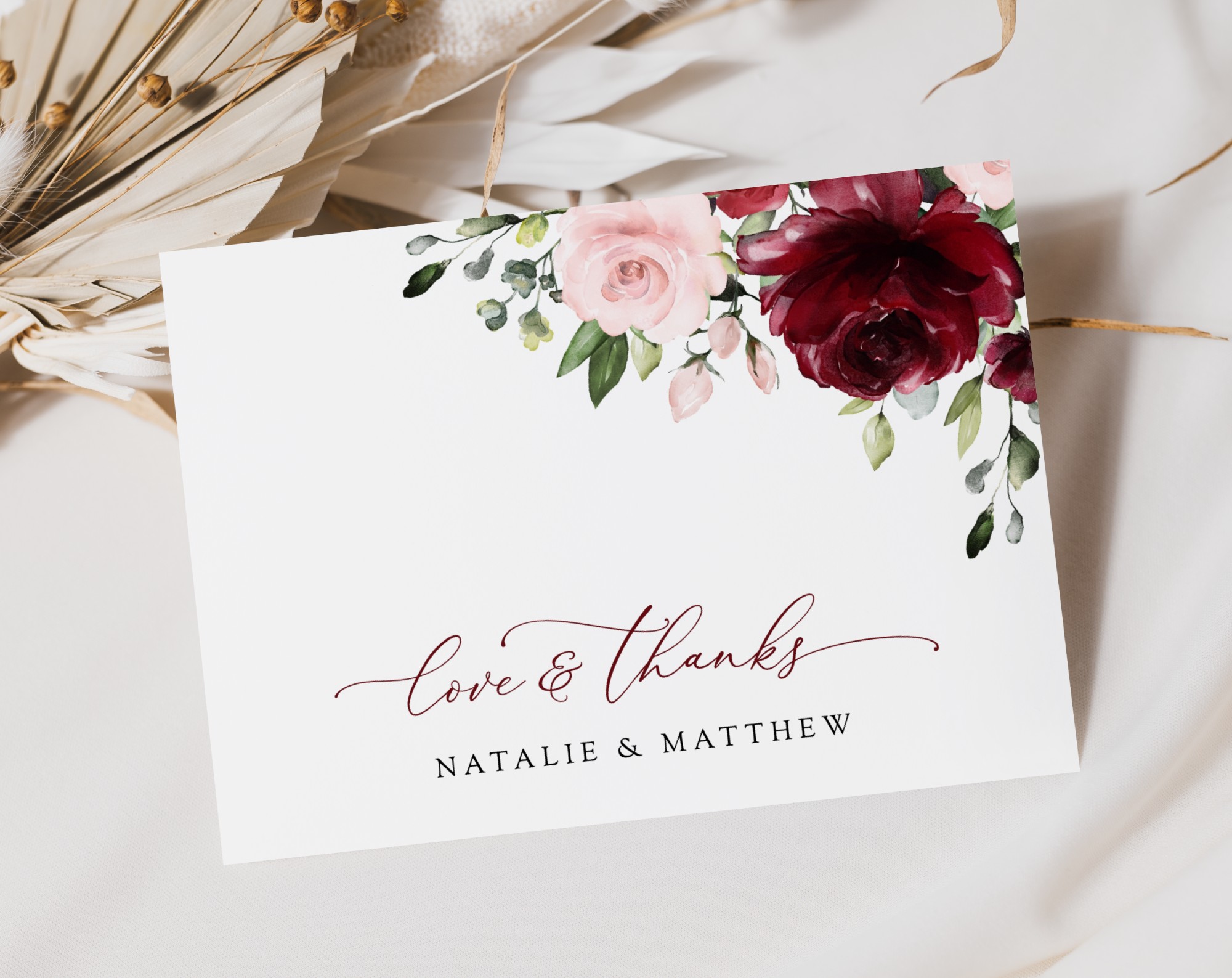 Burgundy and Blush Flowers Thank You Card, Wedding Stationery, Printable File, Edit Yourself, SH01 Burgundy and Blush Flowers Thank You Card, Wedding Stationery, Printable File, Edit Yourself, SH01