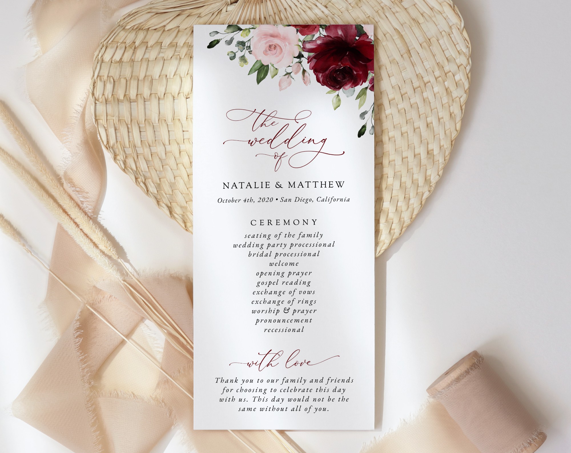 Burgundy and Blush Flowers Wedding Program, Wedding Stationery, Printable File, Edit Yourself, SH01
