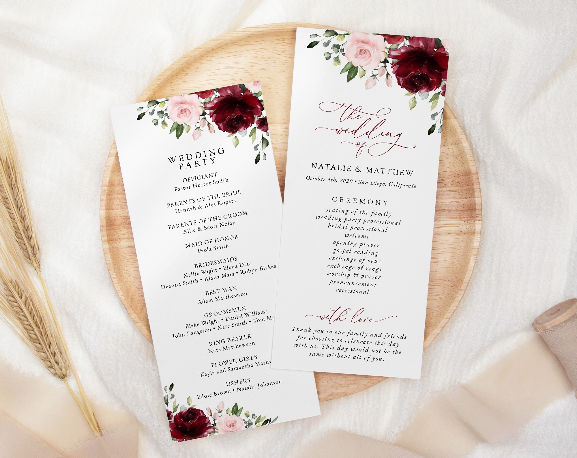 Burgundy and Blush Flowers Wedding Program, Wedding Stationery, Printable File, Edit Yourself, SH01 Burgundy and Blush Flowers Wedding Program, Wedding Stationery, Printable File, Edit Yourself, SH01