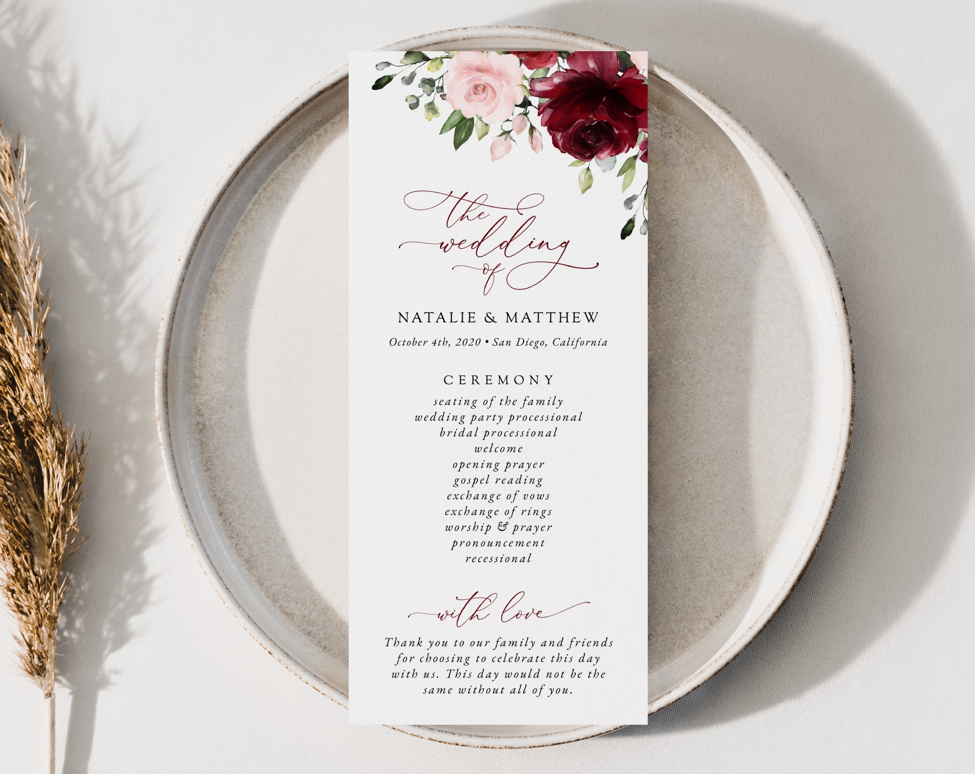 Burgundy and Blush Flowers Wedding Program, Wedding Stationery, Printable File, Edit Yourself, SH01