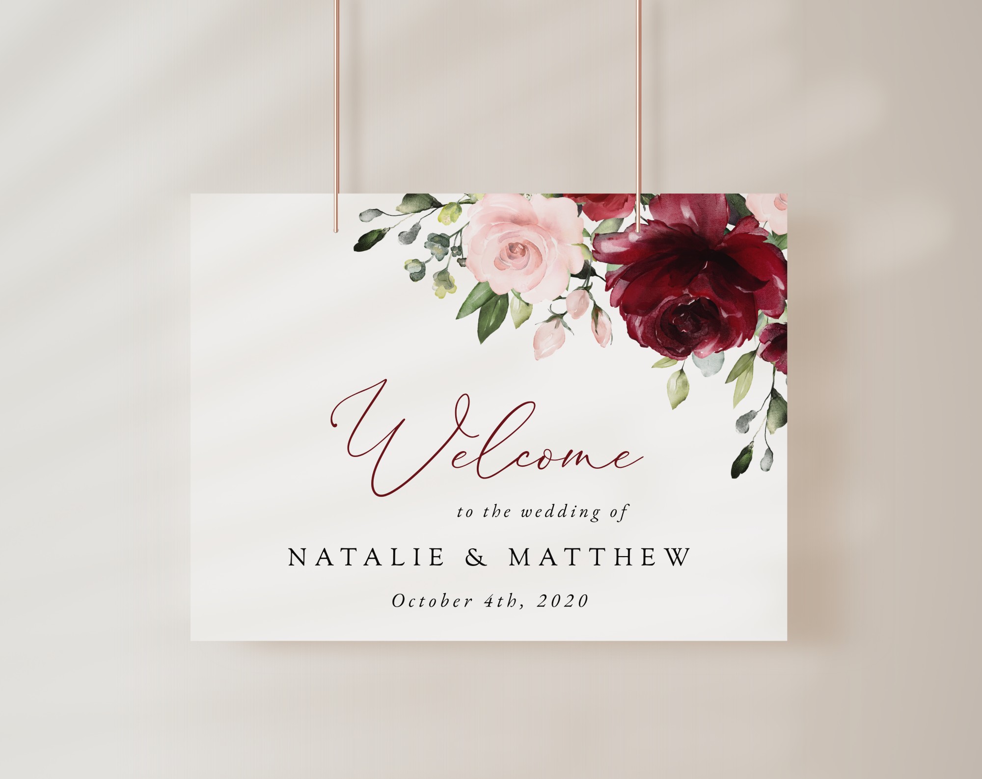 Burgundy and Blush Flowers Welcome Sign, Wedding Sign, Printable File, Edit Yourself, SH01 Burgundy and Blush Flowers Welcome Sign, Wedding Sign, Printable File, Edit Yourself, SH01