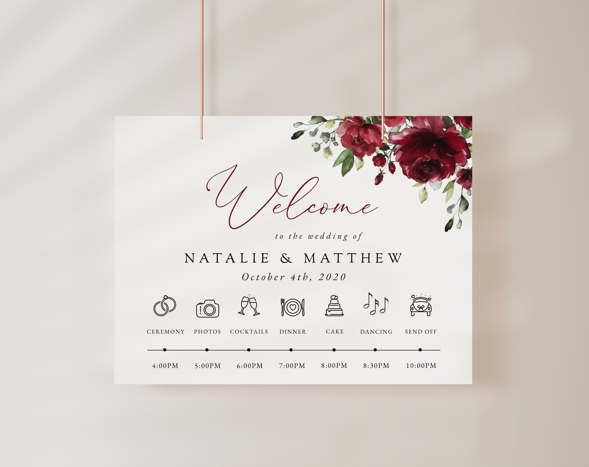 Burgundy Flowers Order of Events Sign, Welcome Sign, Printable File, Edit Yourself, SH02 Burgundy Flowers Order of Events Sign, Welcome Sign, Printable File, Edit Yourself, SH02