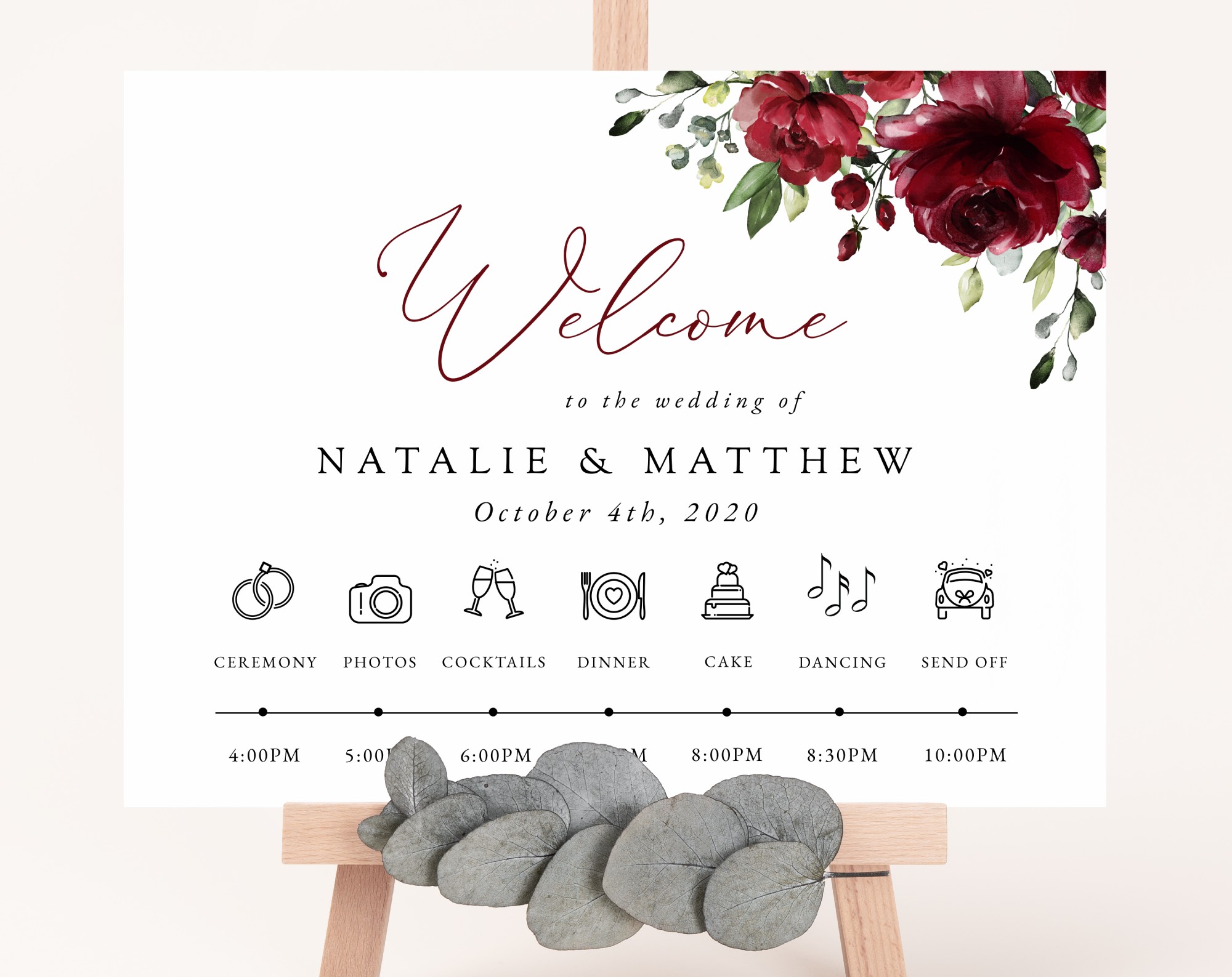 Burgundy Flowers Order of Events Sign, Welcome Sign, Printable File, Edit Yourself, SH02 Burgundy Flowers Order of Events Sign, Welcome Sign, Printable File, Edit Yourself, SH02