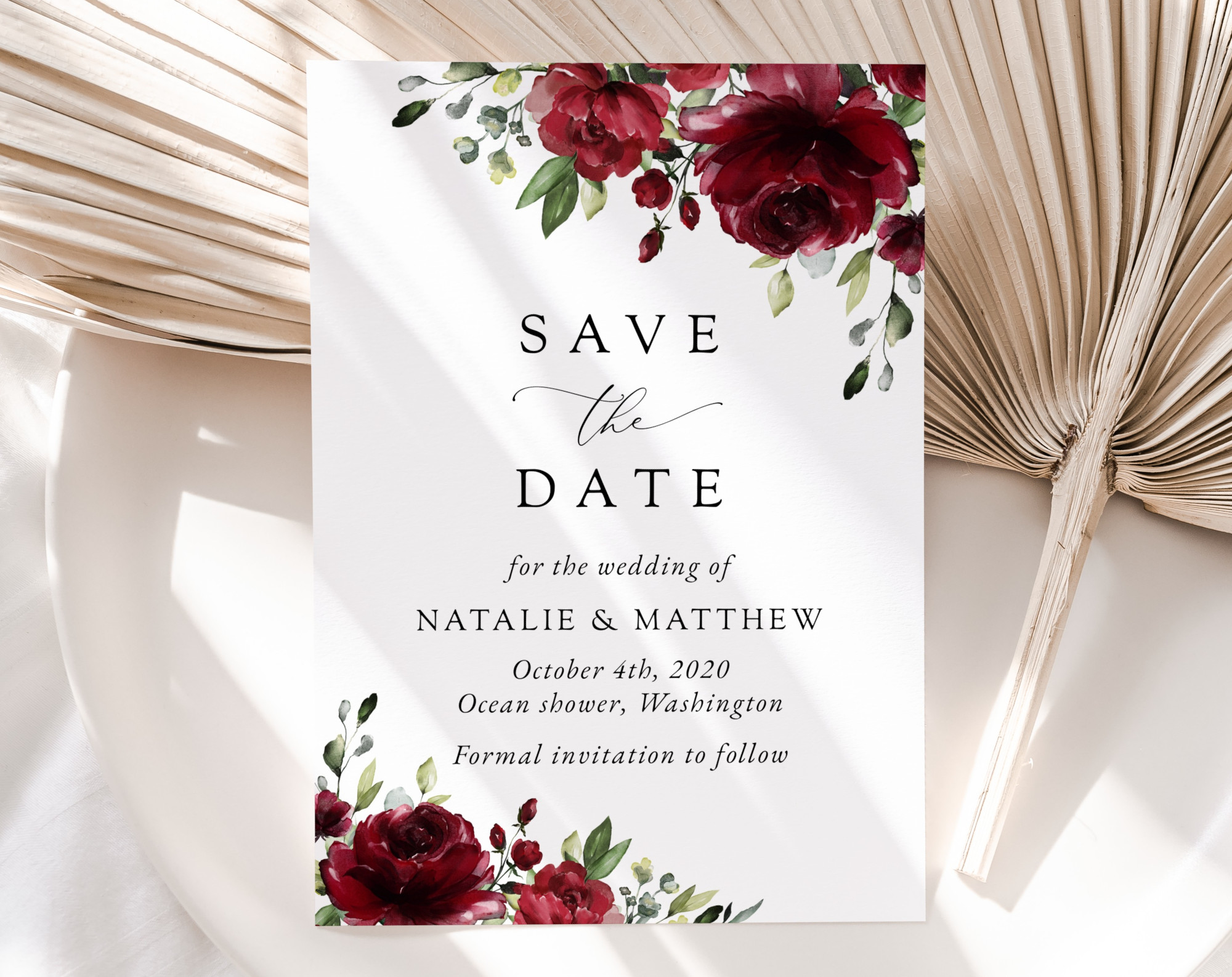 Burgundy Flowers Save the Date, Wedding Stationery, Printable File, Edit Yourself, SH02