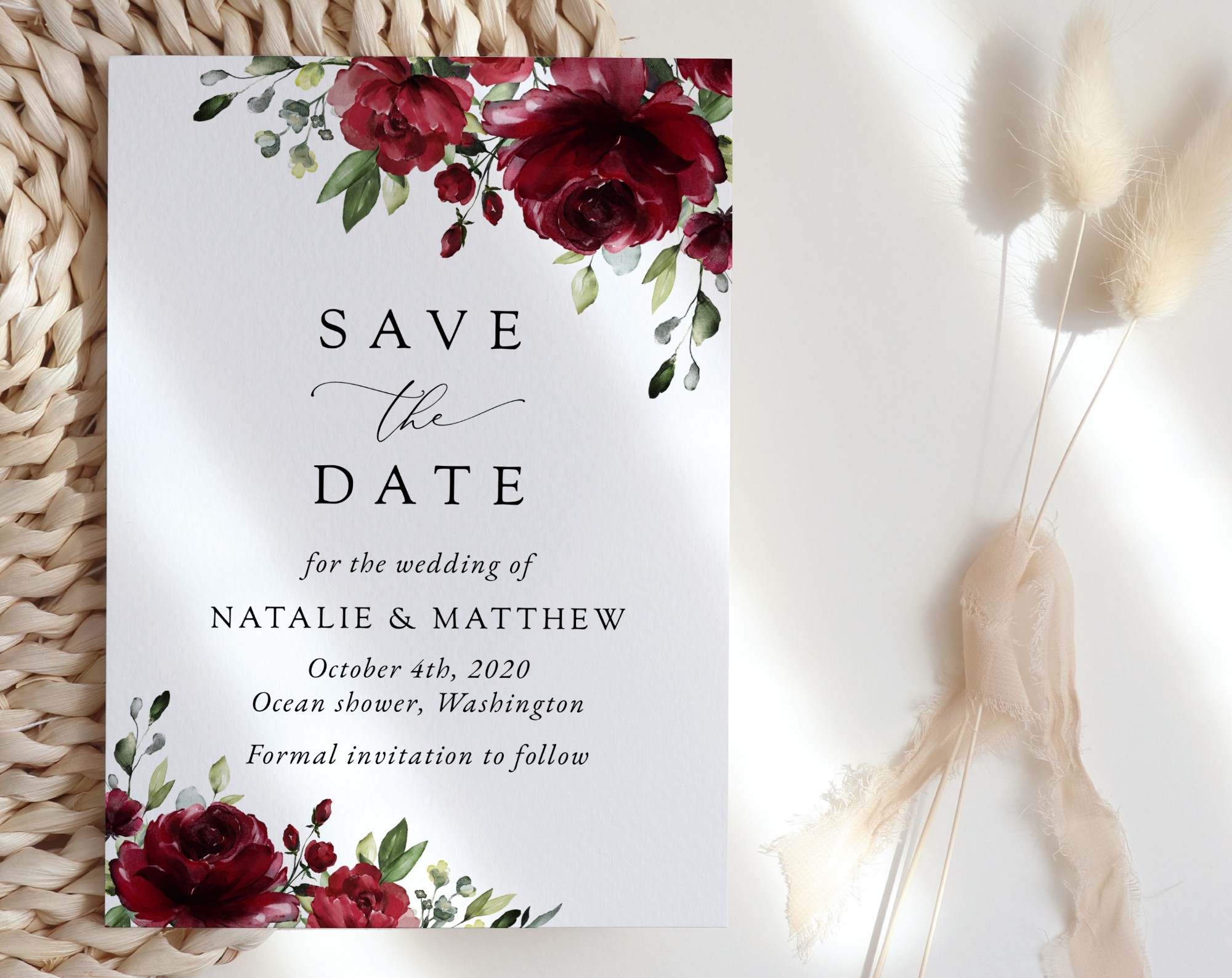 Burgundy Flowers Save the Date, Wedding Stationery, Printable File, Edit Yourself, SH02
