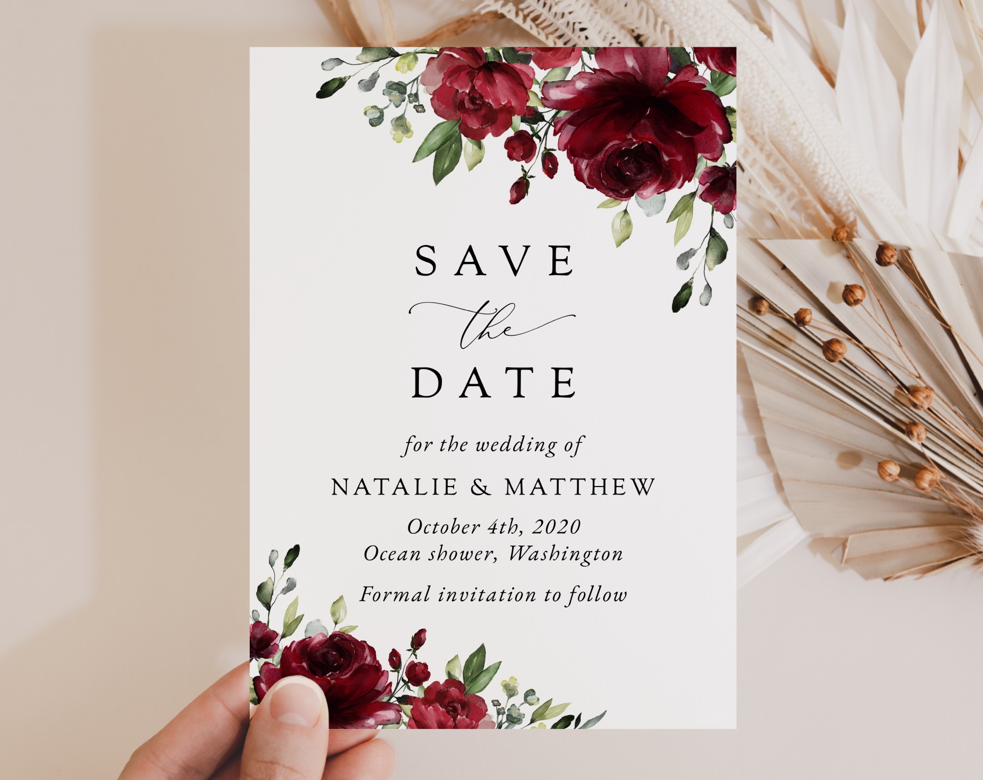 Burgundy Flowers Save the Date, Wedding Stationery, Printable File, Edit Yourself, SH02