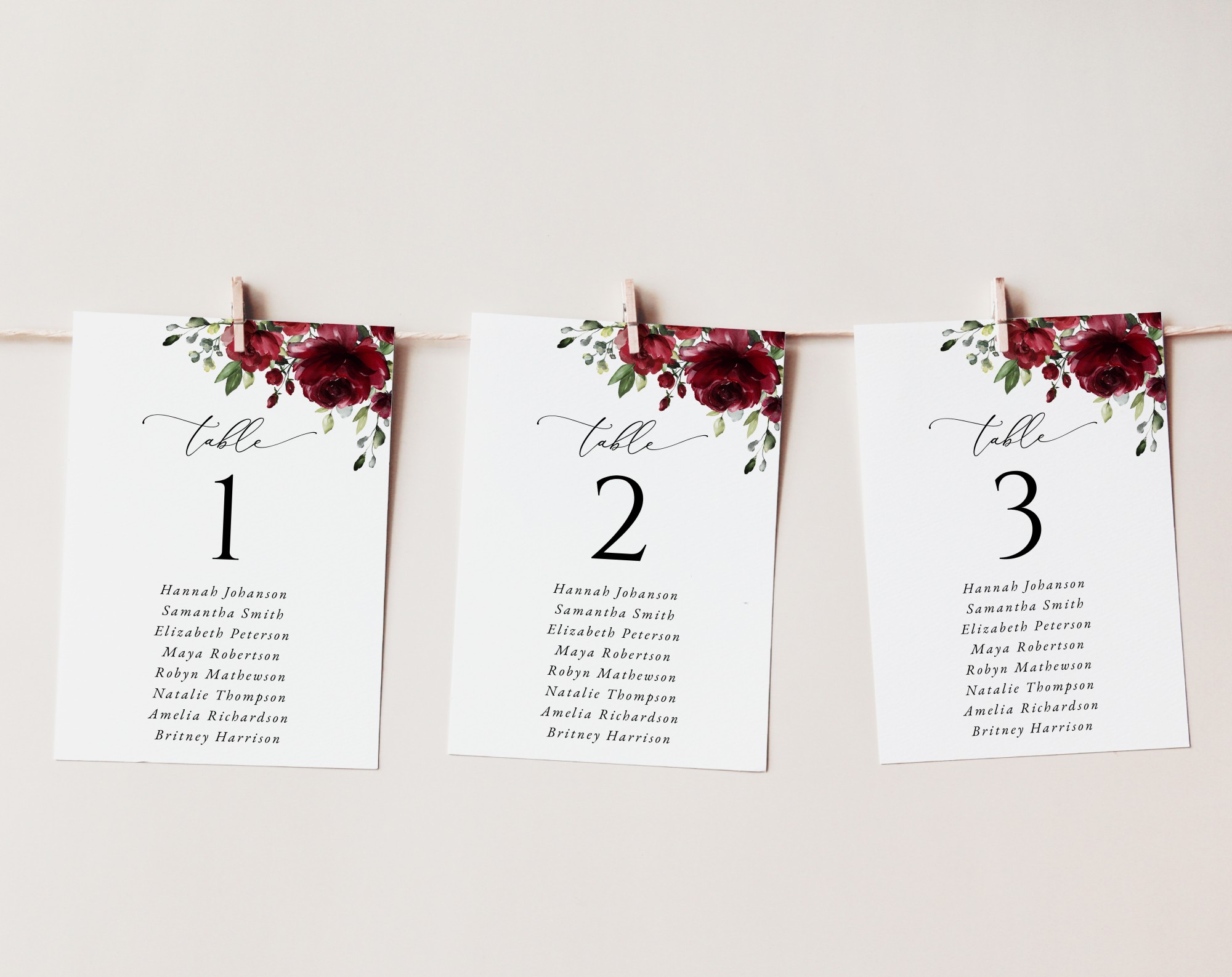 SH02 Seating Cards 3 Burgundy Flowers Seating Cards, Wedding Stationery, Printable File, Edit Yourself, SH02