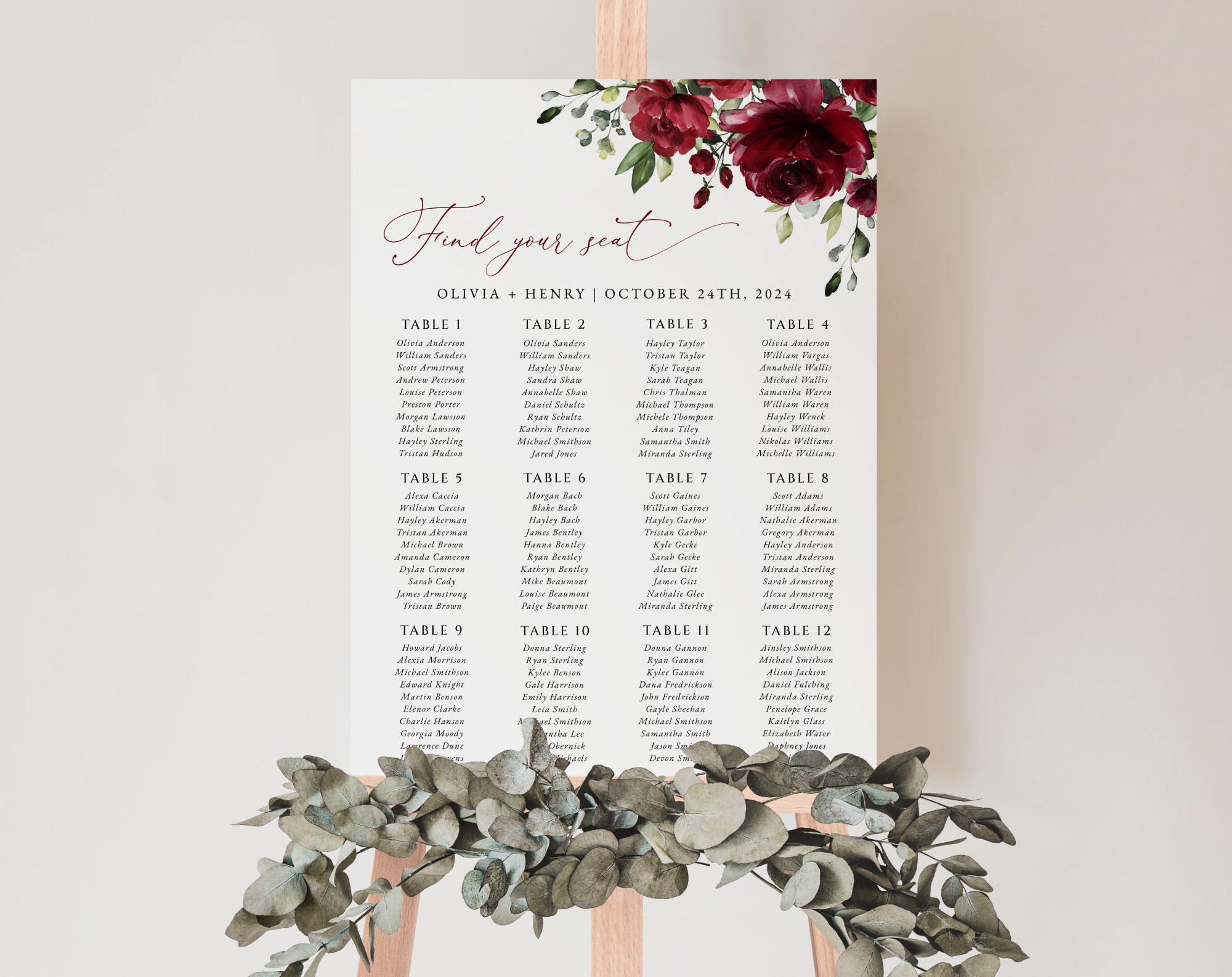Burgundy Flowers Seating Chart, Wedding Sign, Printable File, Edit Yourself, SH02 Burgundy Flowers Seating Chart, Wedding Sign, Printable File, Edit Yourself, SH02