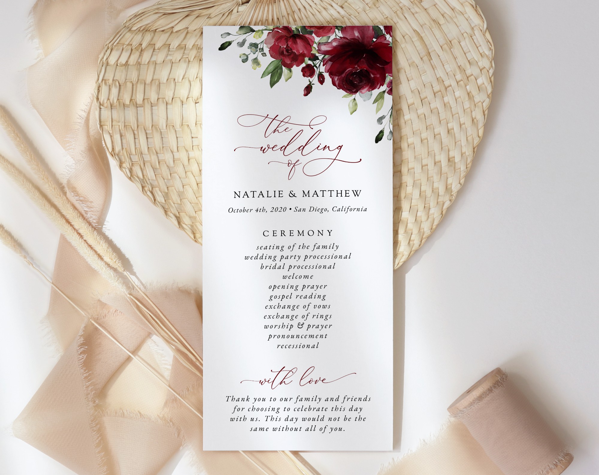 Burgundy Flowers Wedding Program, Wedding Stationery, Printable File, Edit Yourself, SH02