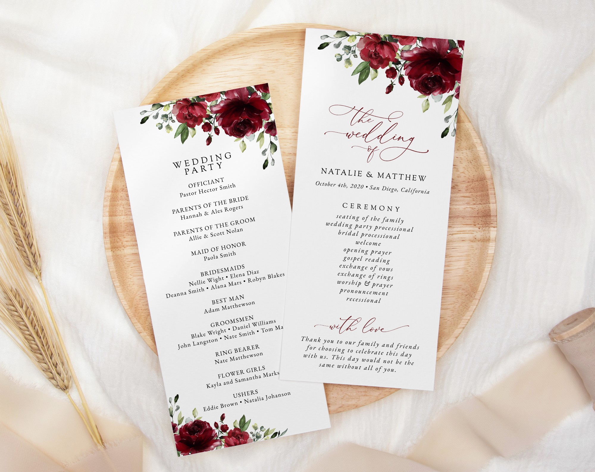 Burgundy Flowers Wedding Program - Wedding Stationery