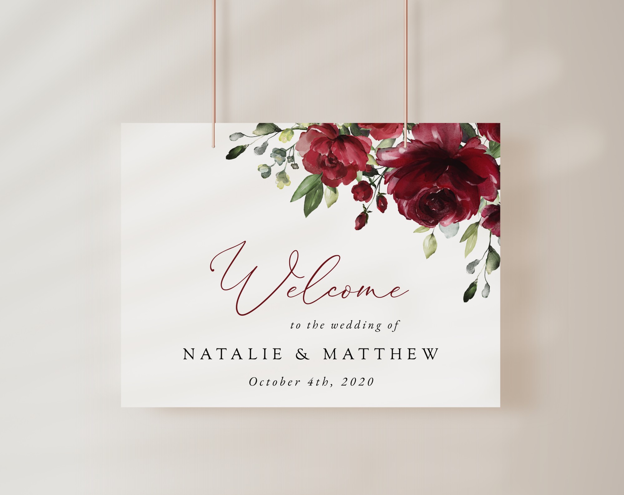 Burgundy Flowers Welcome Sign, Wedding Sign, Printable File, Edit Yourself, SH02 Burgundy Flowers Welcome Sign, Wedding Sign, Printable File, Edit Yourself, SH02