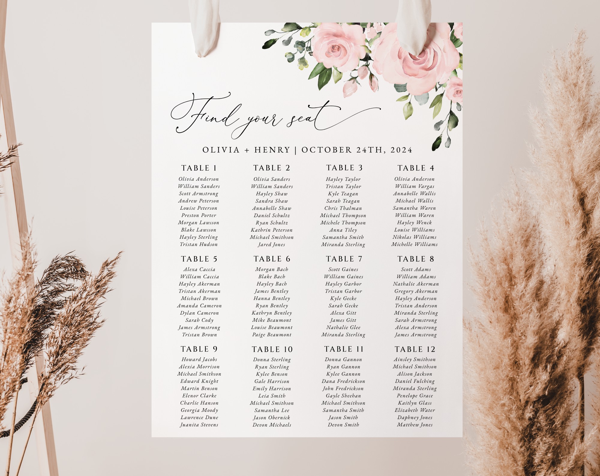 Blush Flowers Seating Chart, Wedding Sign, Printable File, Edit Yourself, SH03