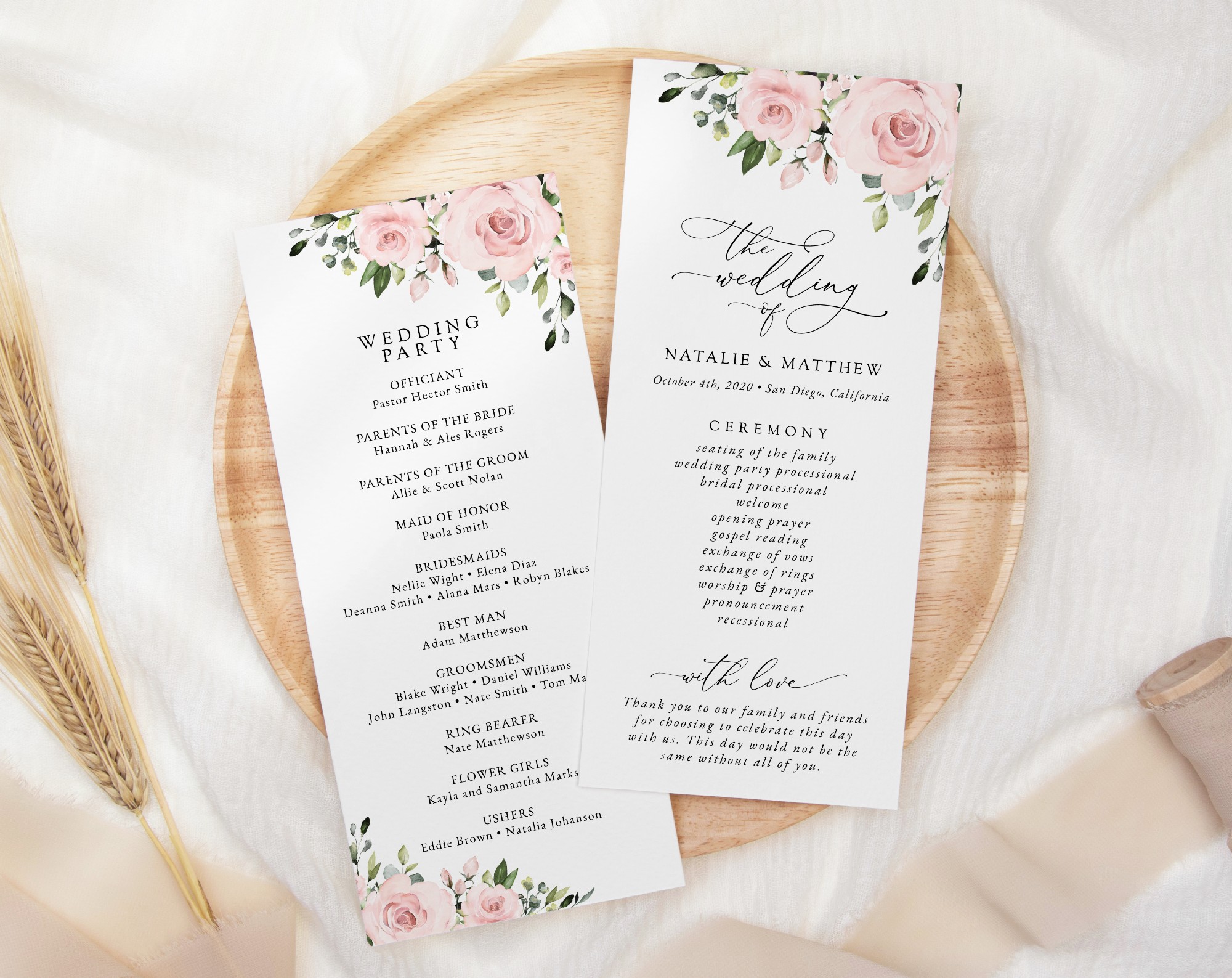 Blush Flowers Wedding Program, Wedding Stationery, Printable File, Edit Yourself, SH03