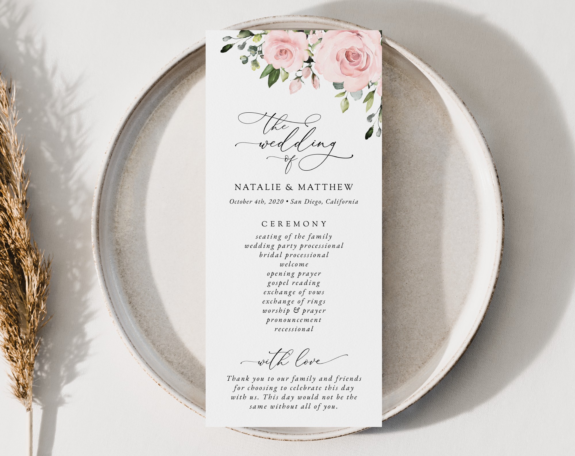 Blush Flowers Wedding Program, Wedding Stationery, Printable File, Edit Yourself, SH03