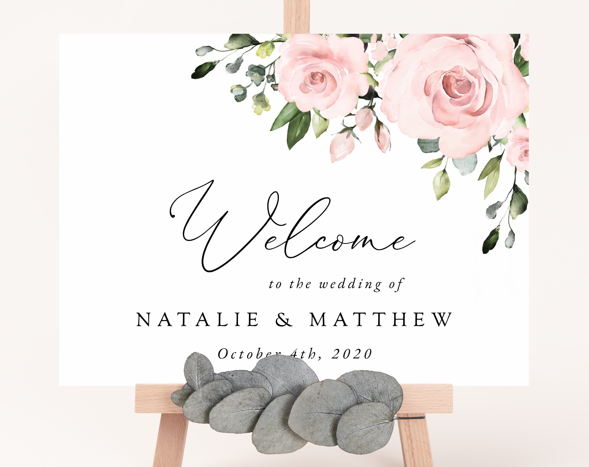 Blush Flowers Welcome Sign, Wedding Sign, Printable File, Edit Yourself, SH03