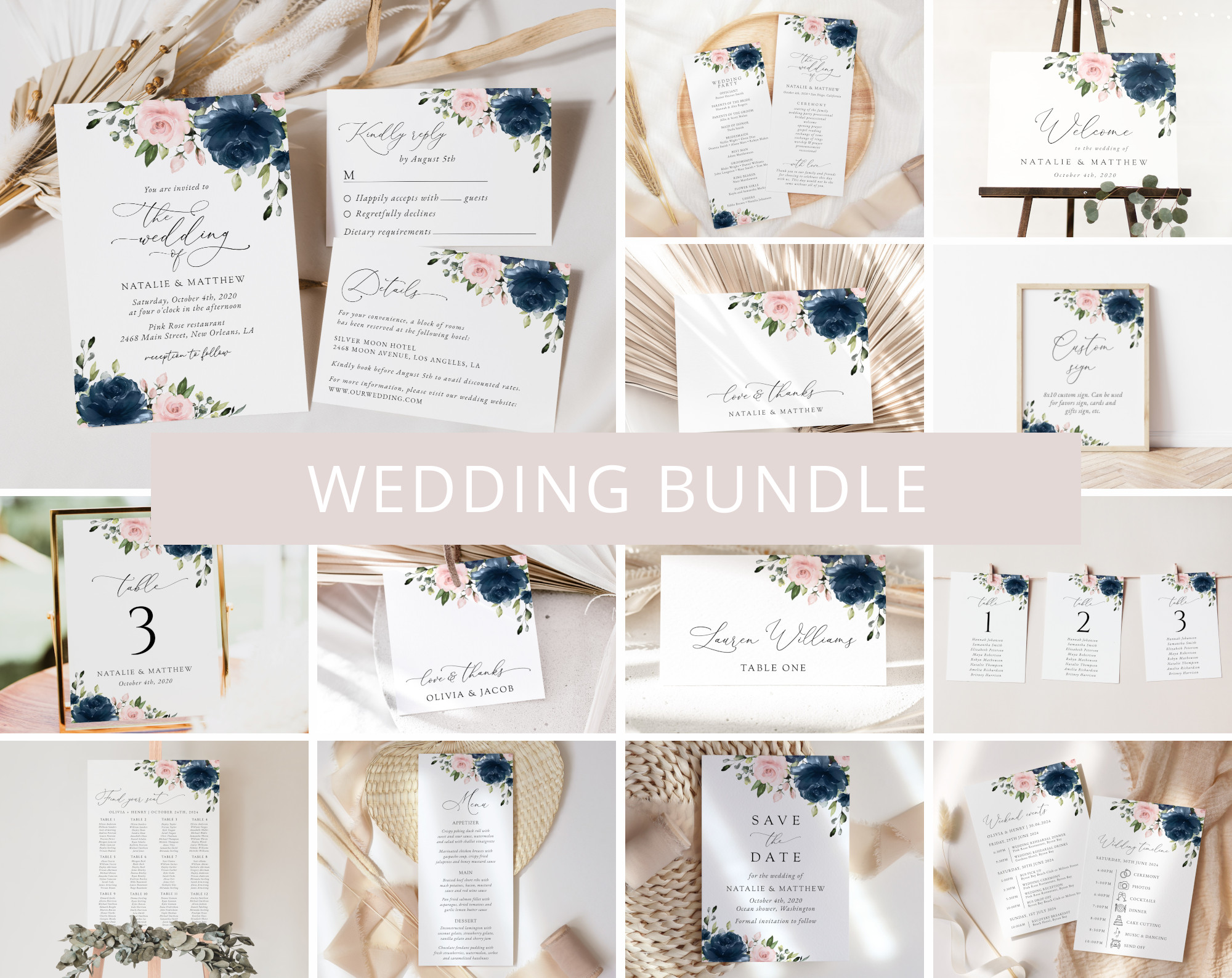 Navy and Blush Flowers Wedding Bundle - Wedding Stationery